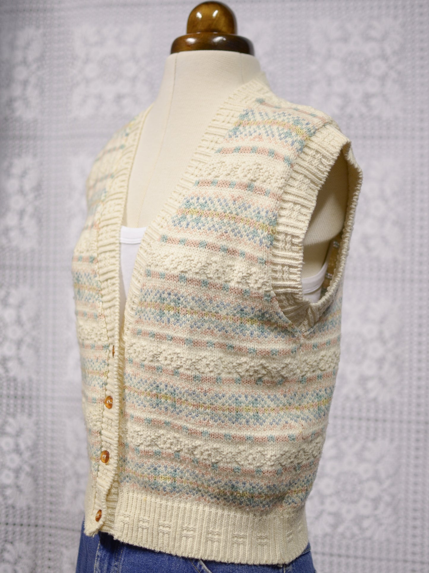 1990s BHS cream, pink and blue nordic fairisle style pattern knitted waistcoat