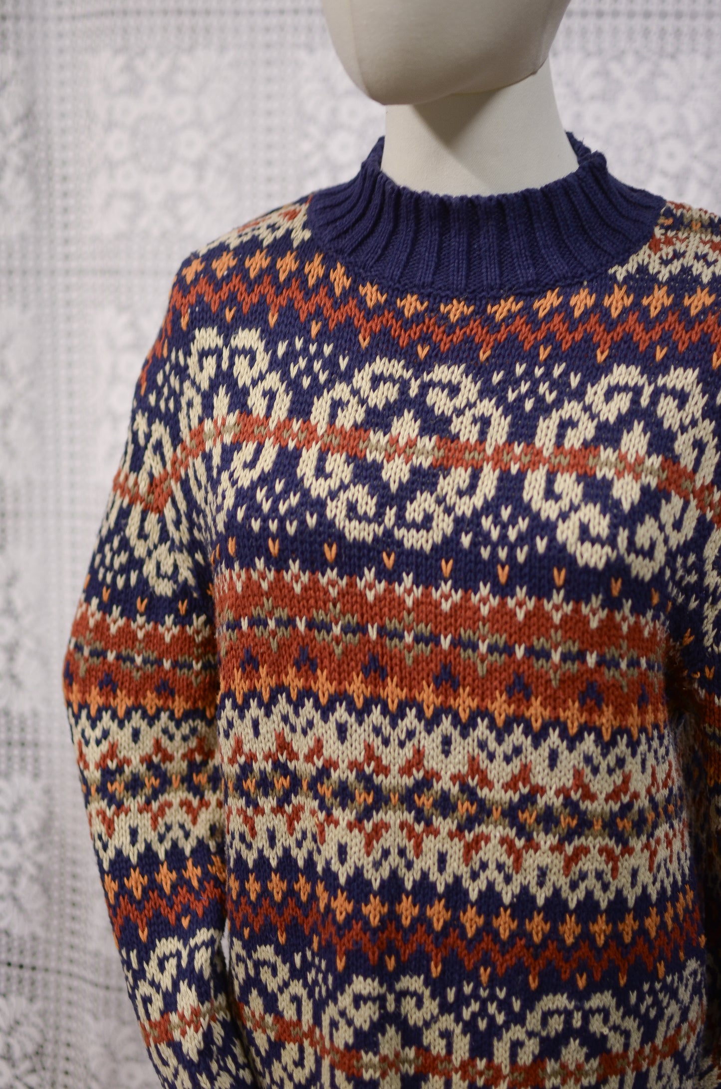 Y2K Etam navy blue and brown cotton ramie long chunky jumper