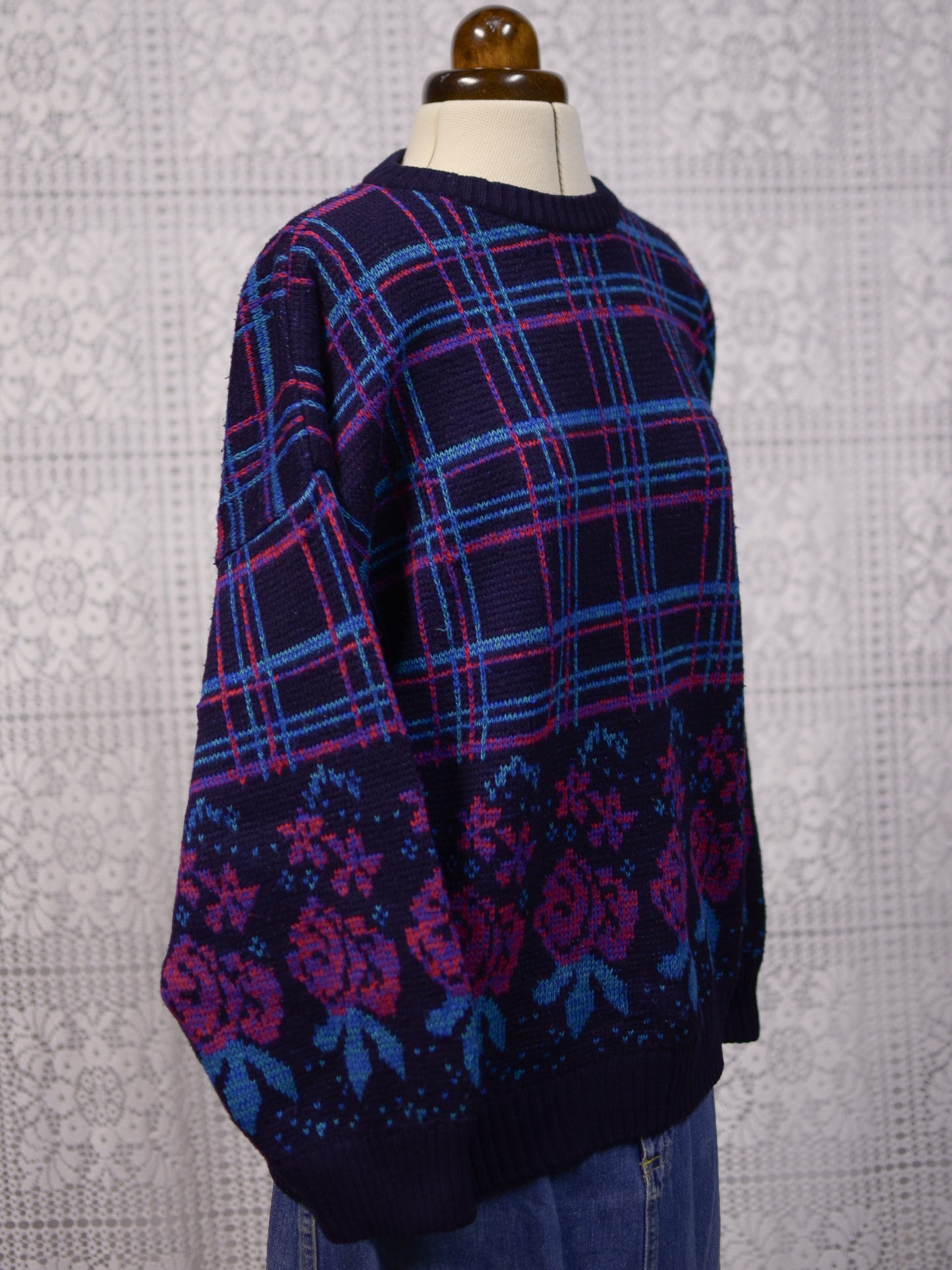 1980s navy, pink and light blue checked and rose floral pattern jumper