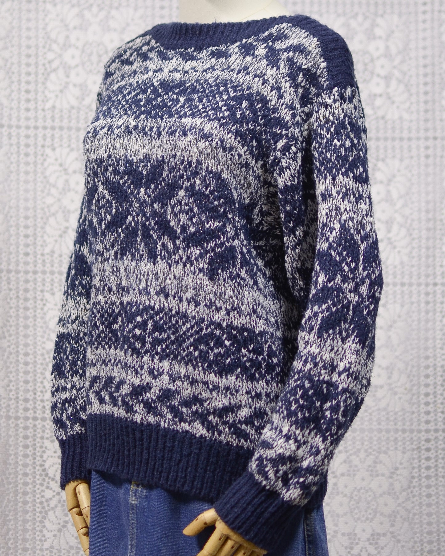 1980s C&A navy blue, white and silver snowflake festive jumper