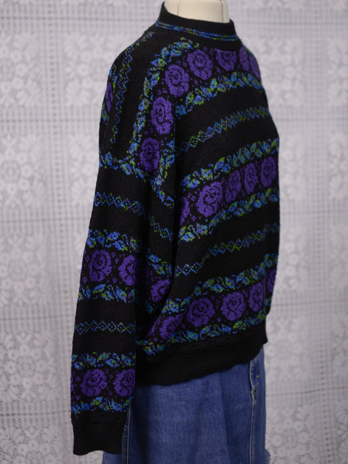 1980s black, purple and green rose floral and leaf pattern striped jumper