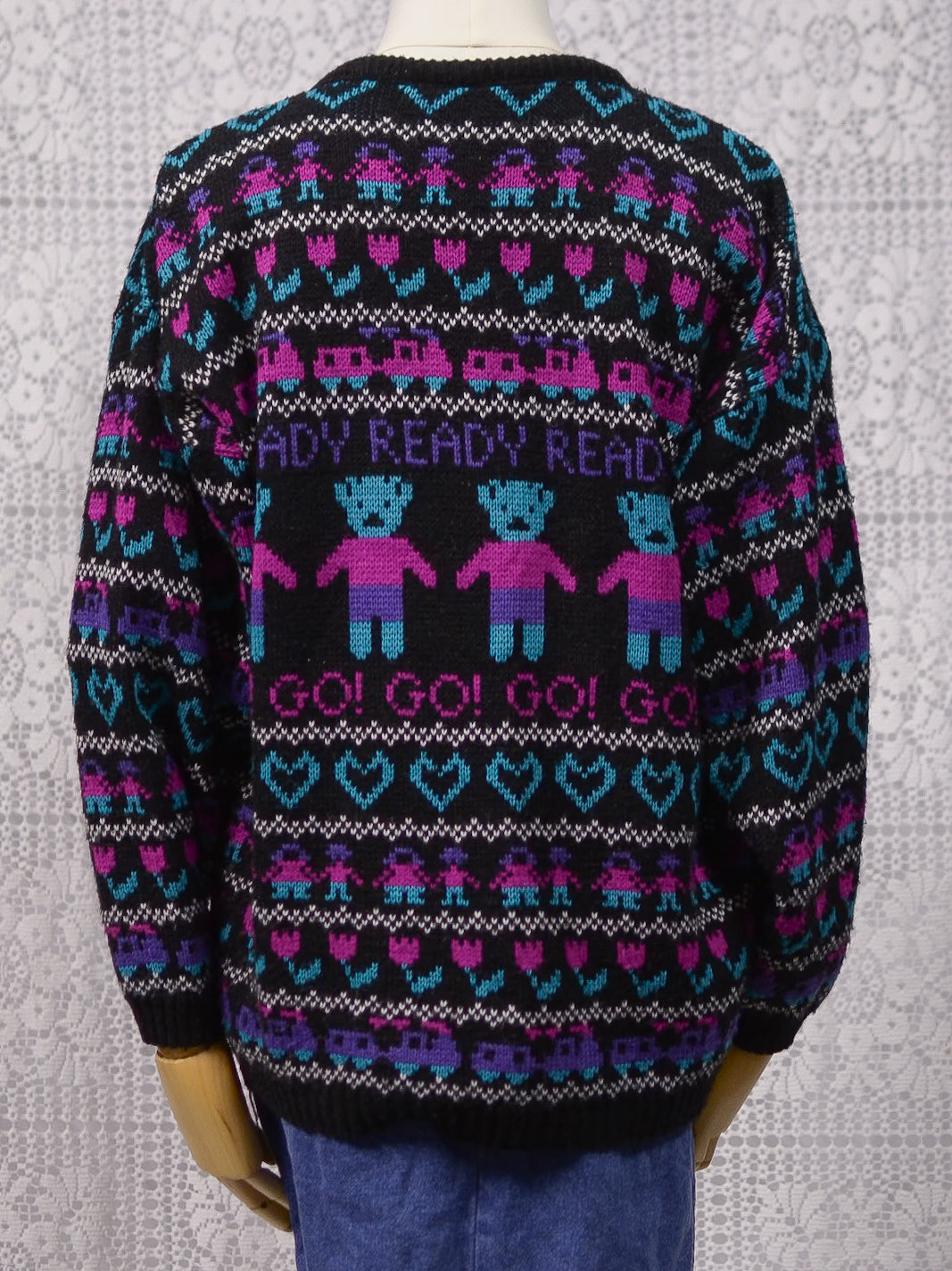 1980s black, pink and purple teddy bear novelty jumper