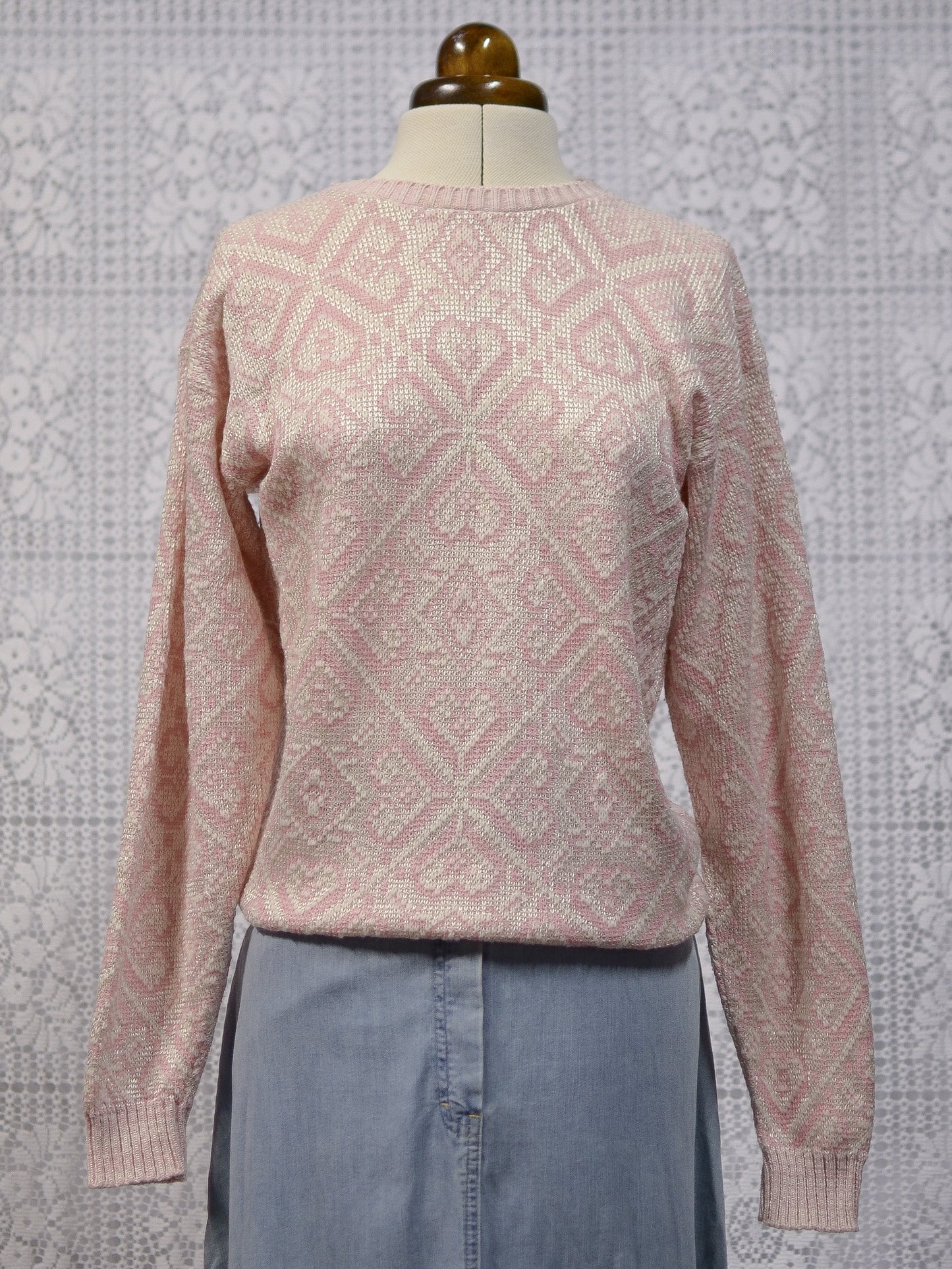 1980s pink and silvery white patterned long sleeve jumper