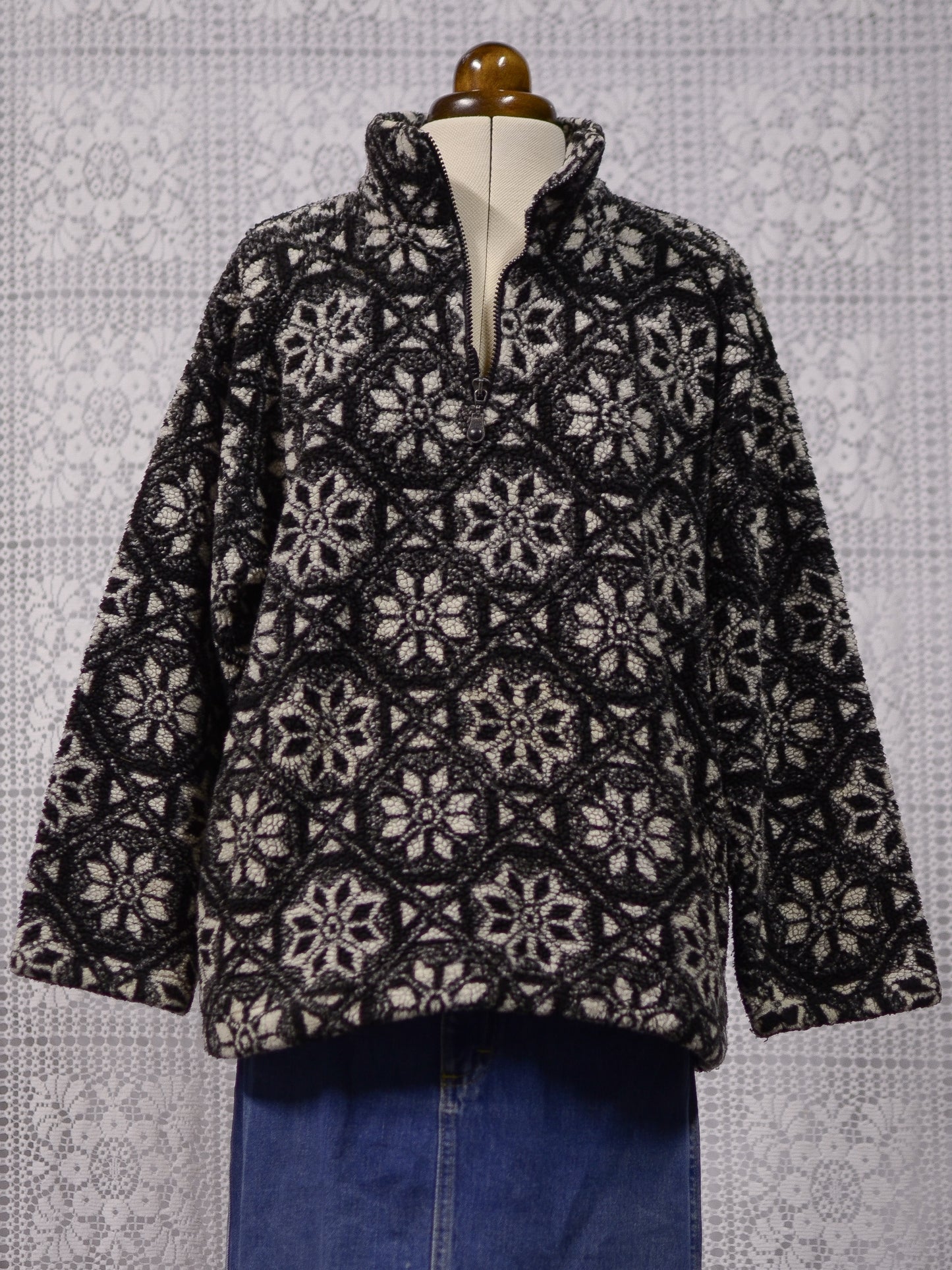 1990s St Michael black and white snowflake pattern quarter zip fleece