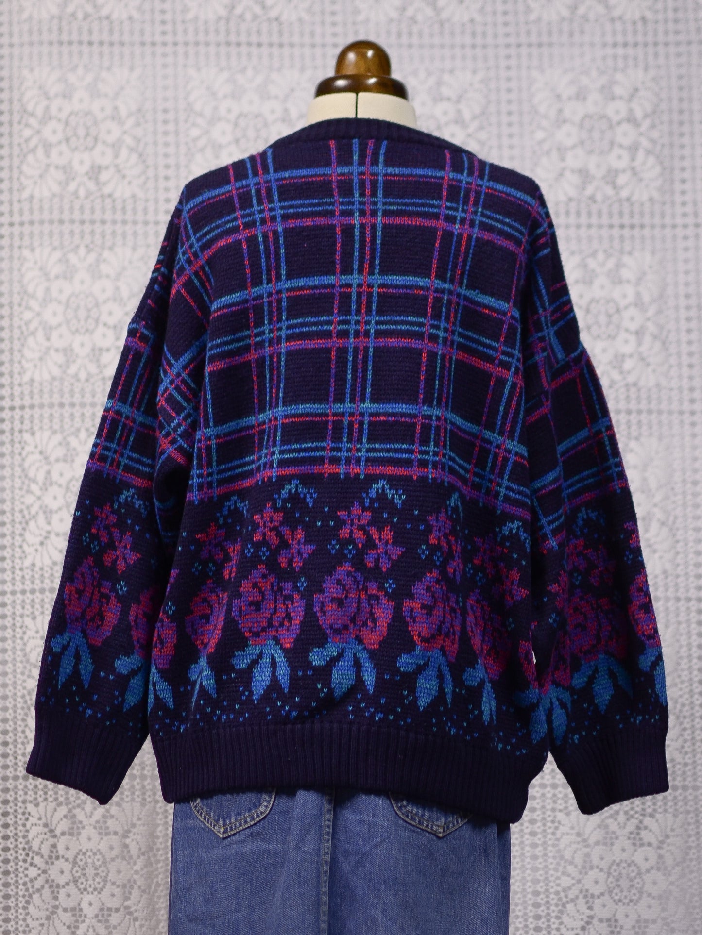 1980s navy, pink and light blue checked and rose floral pattern jumper