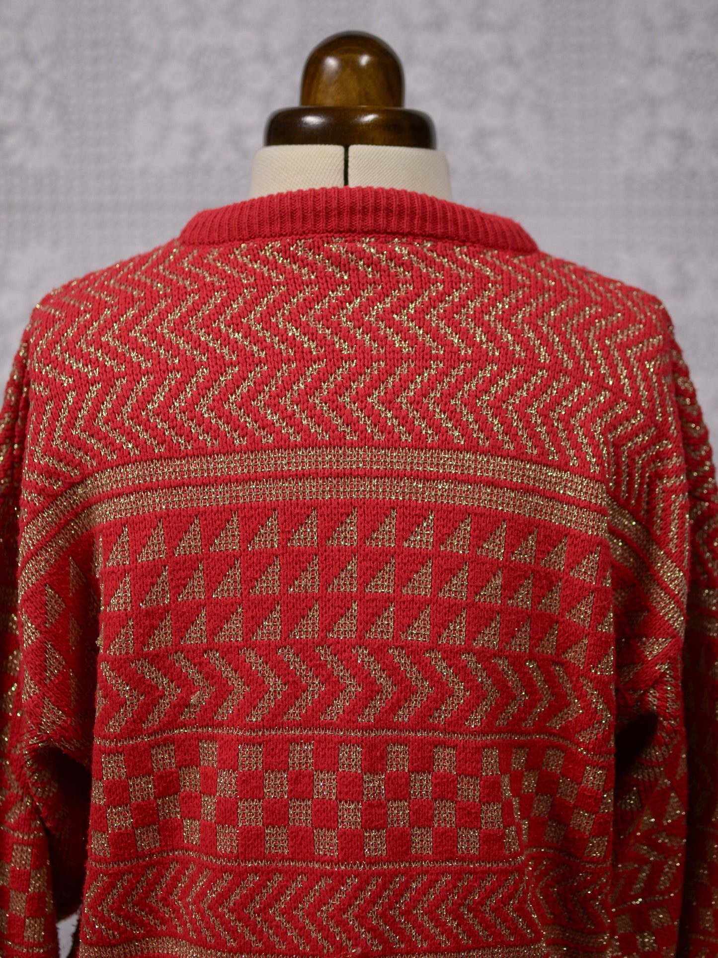 1980s red and gold batwing festive geometric striped jumper