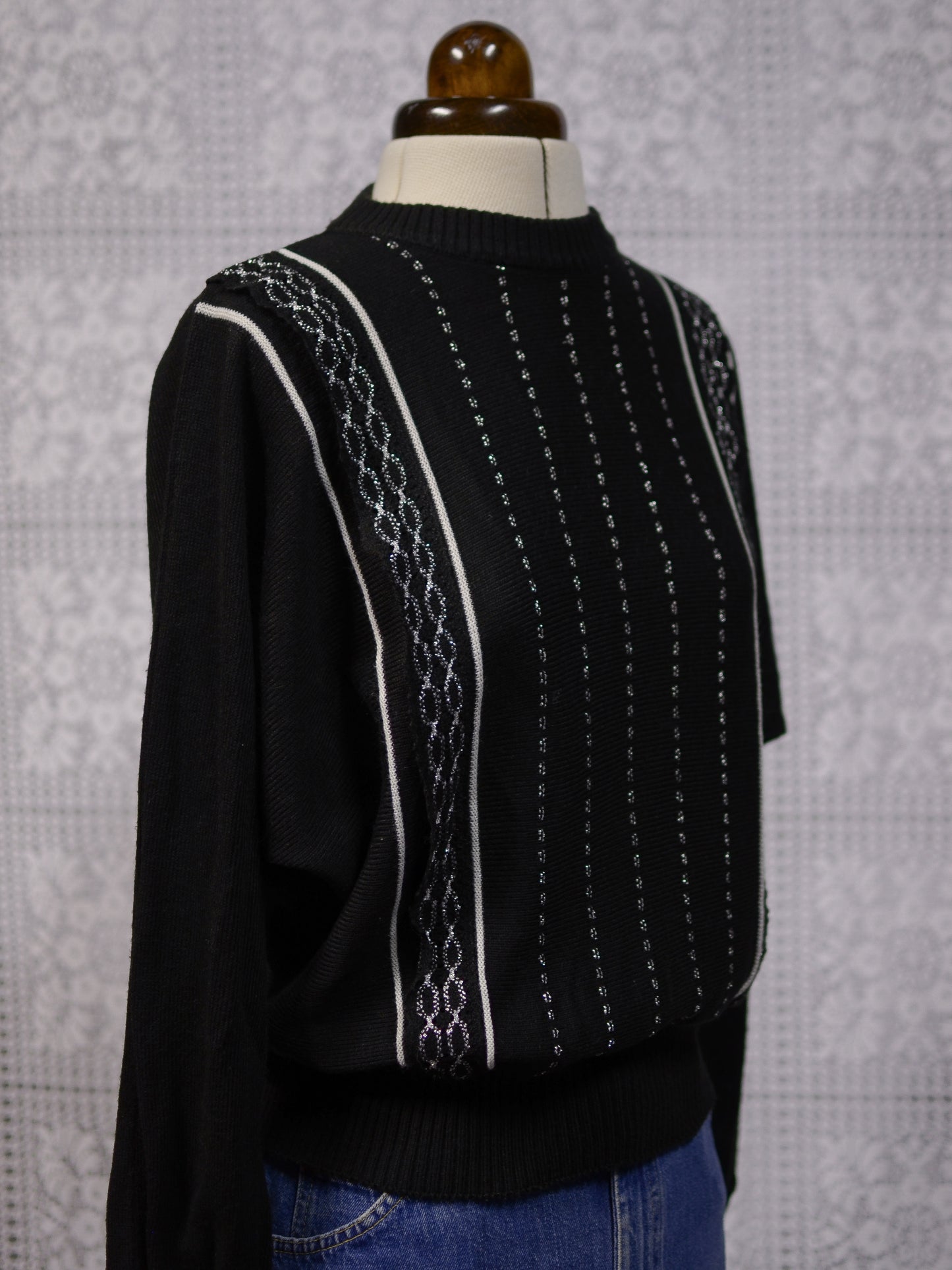 1970s black and silver metallic lace detail batwing jumper