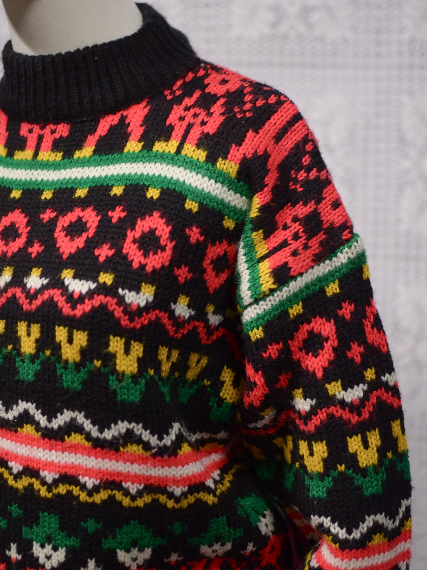 1980s Topshop black, red, green and yellow folk pattern jumper