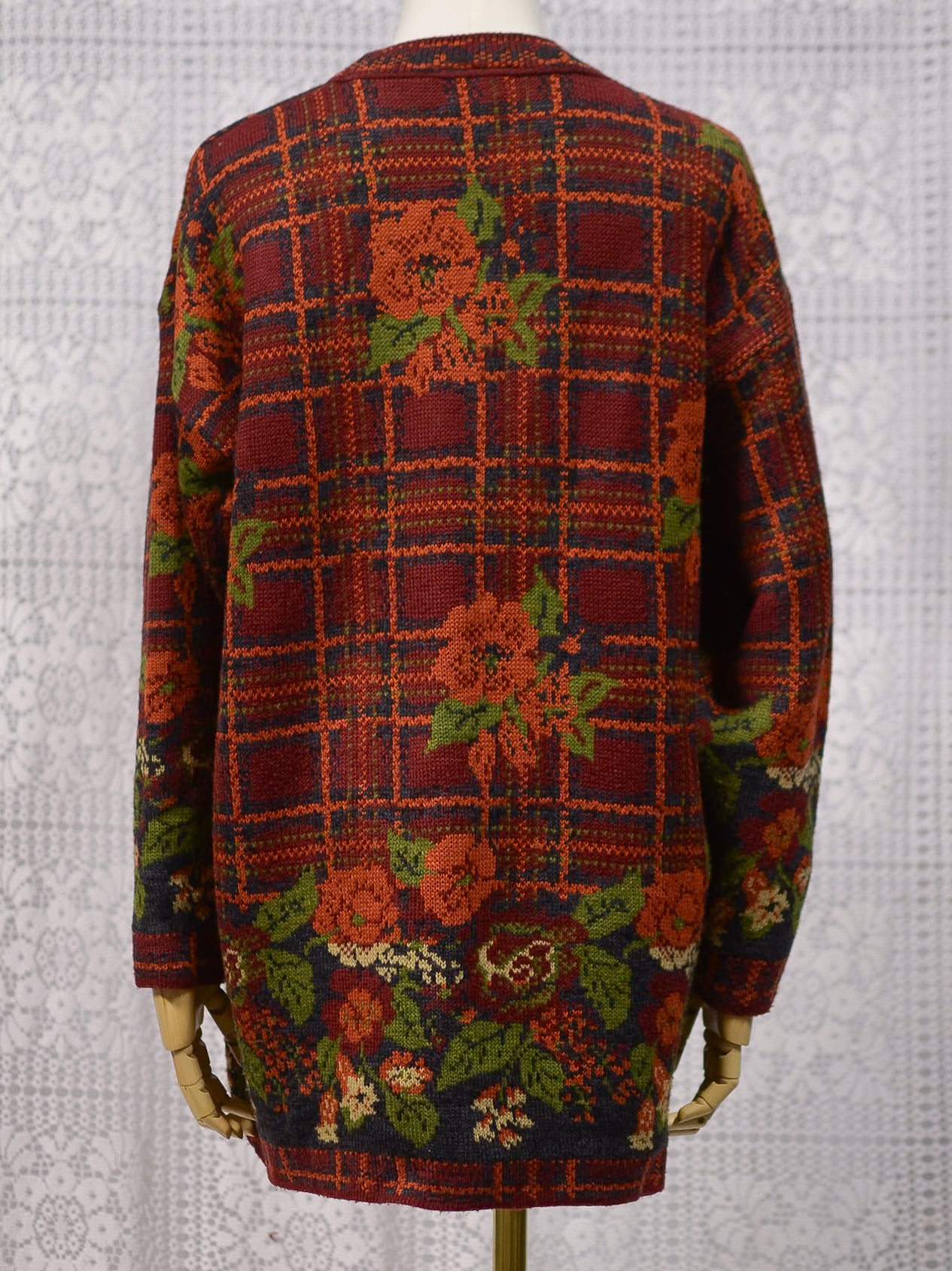 1990s dark red, orange and green tartan and floral print long jumper dress