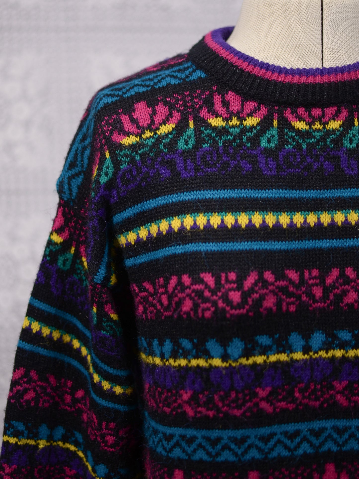 1980s C&A black, pink, yellow, purple and blue colourful floral stripe jumper