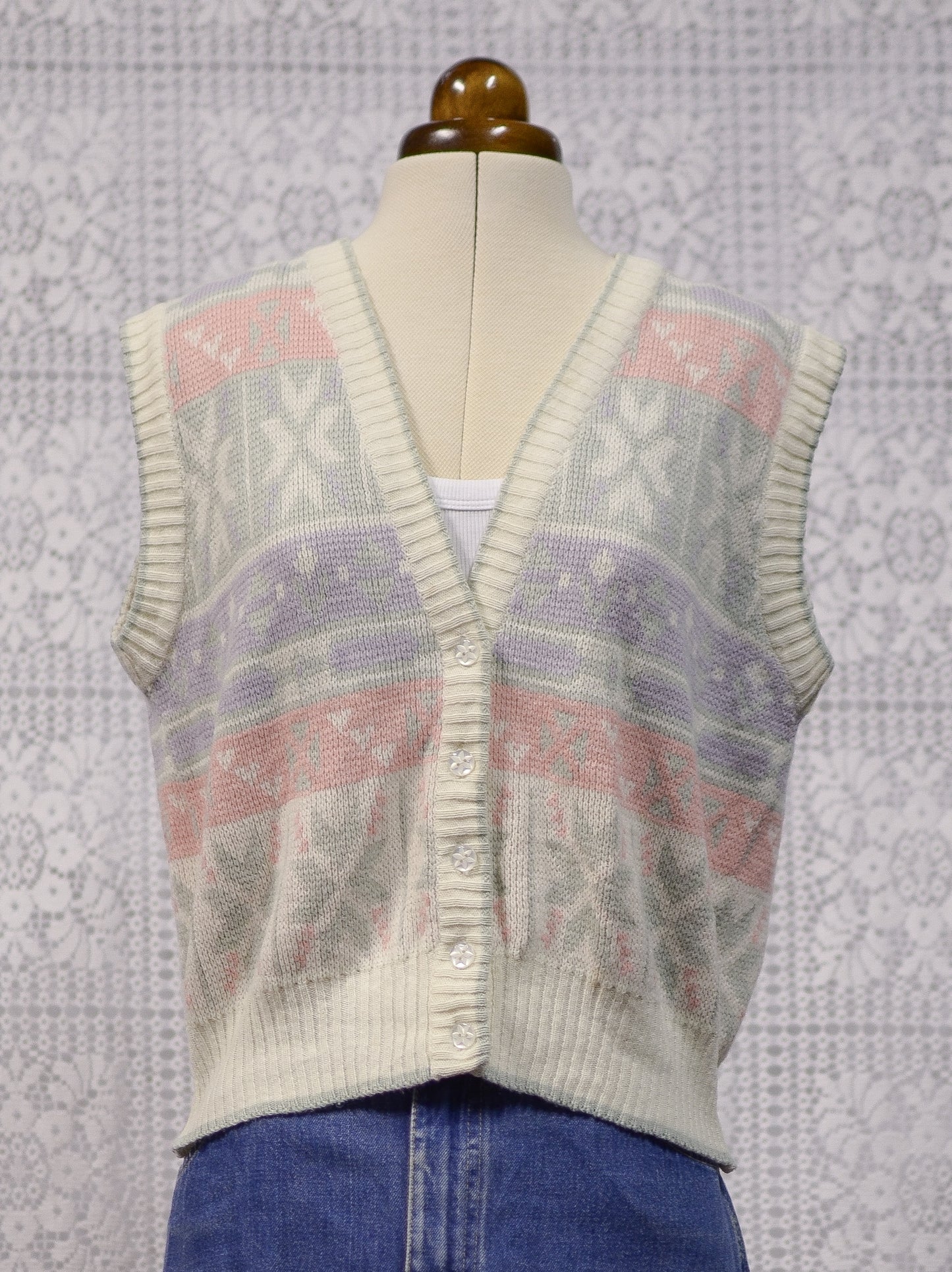 1980s white, pink, pastel blue and green snowflake festive knitted waistcoat