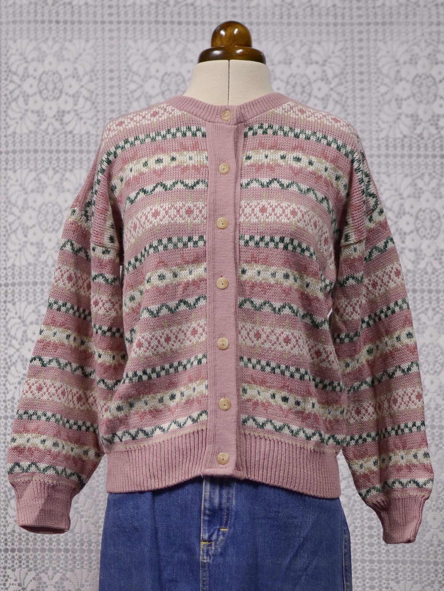 1980s pink and green fairisle style snowflake nordic cardigan