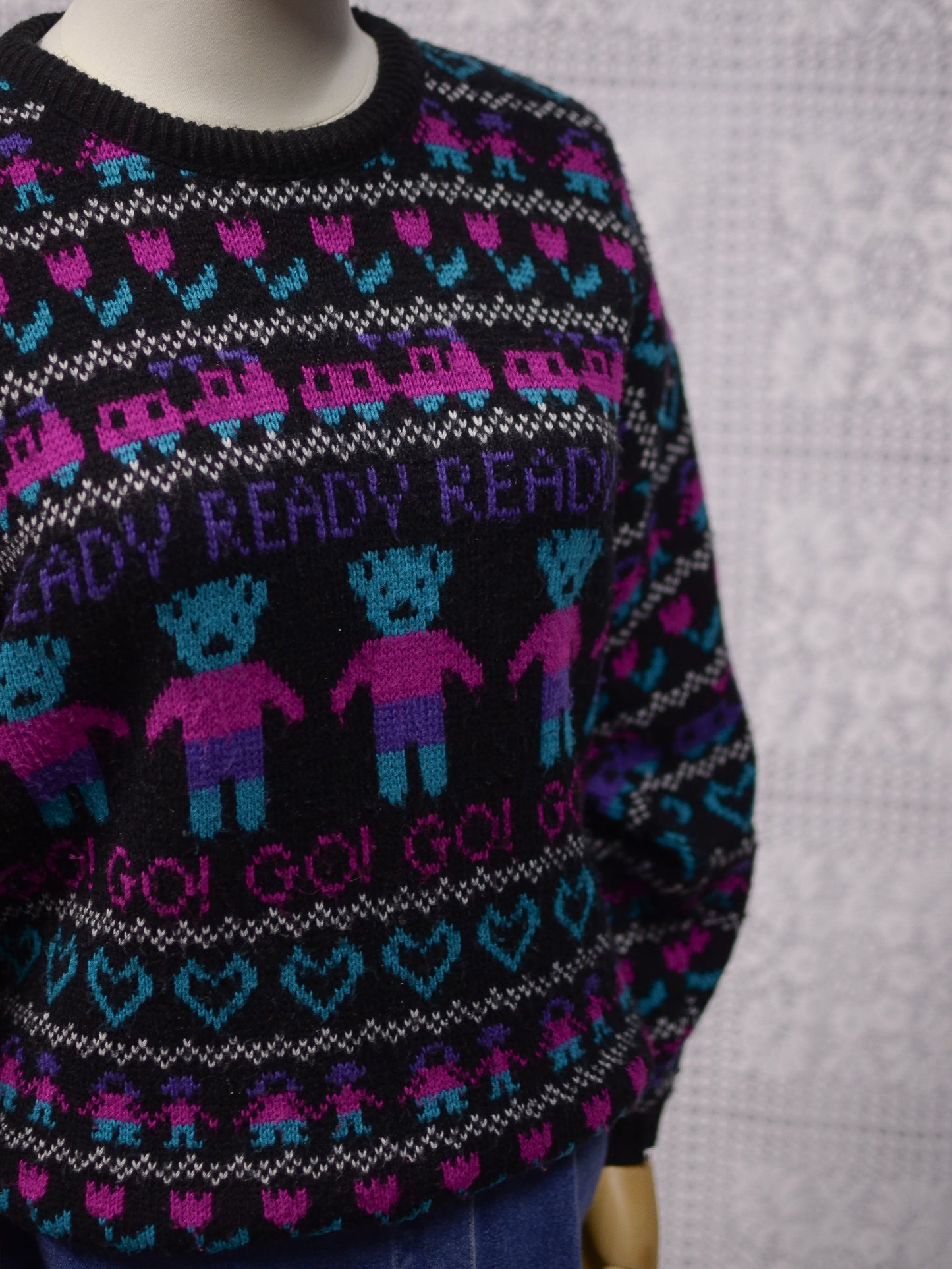 1980s black, pink and purple teddy bear novelty jumper