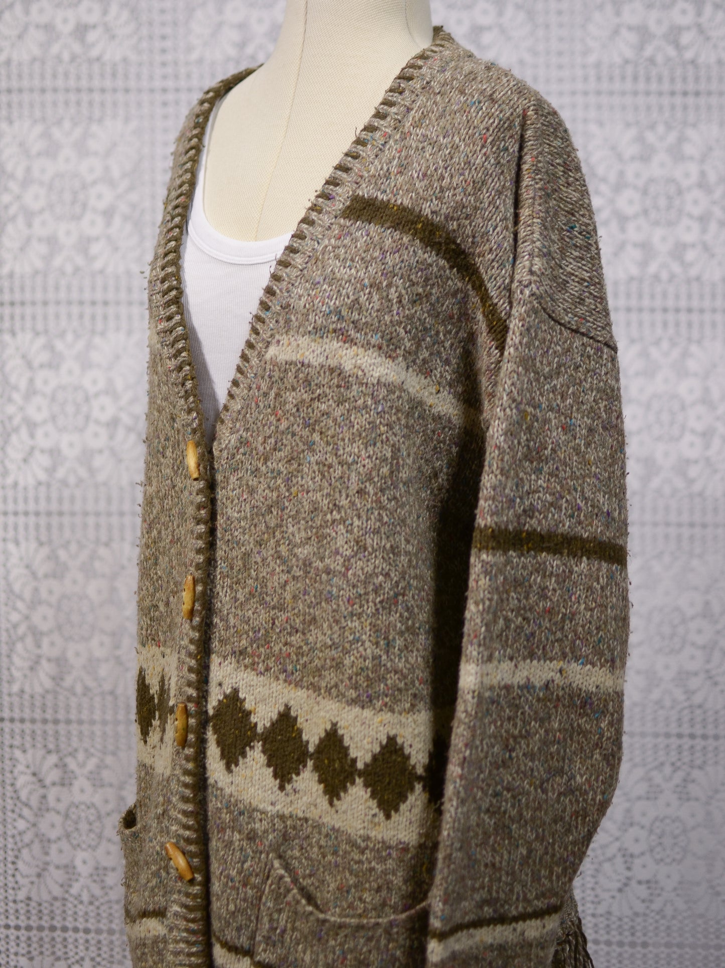 Y2K brown, cream and colourful flecked wool blend long tassled cardigan