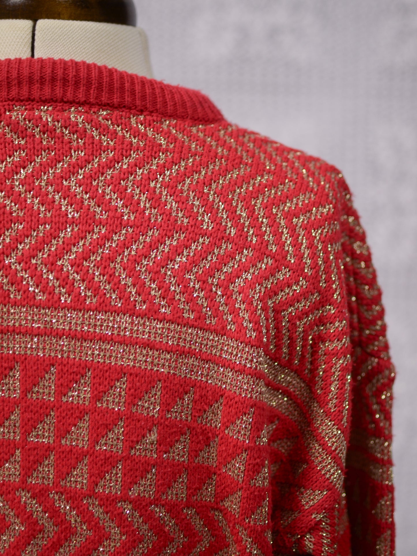 1980s red and gold batwing festive geometric striped jumper