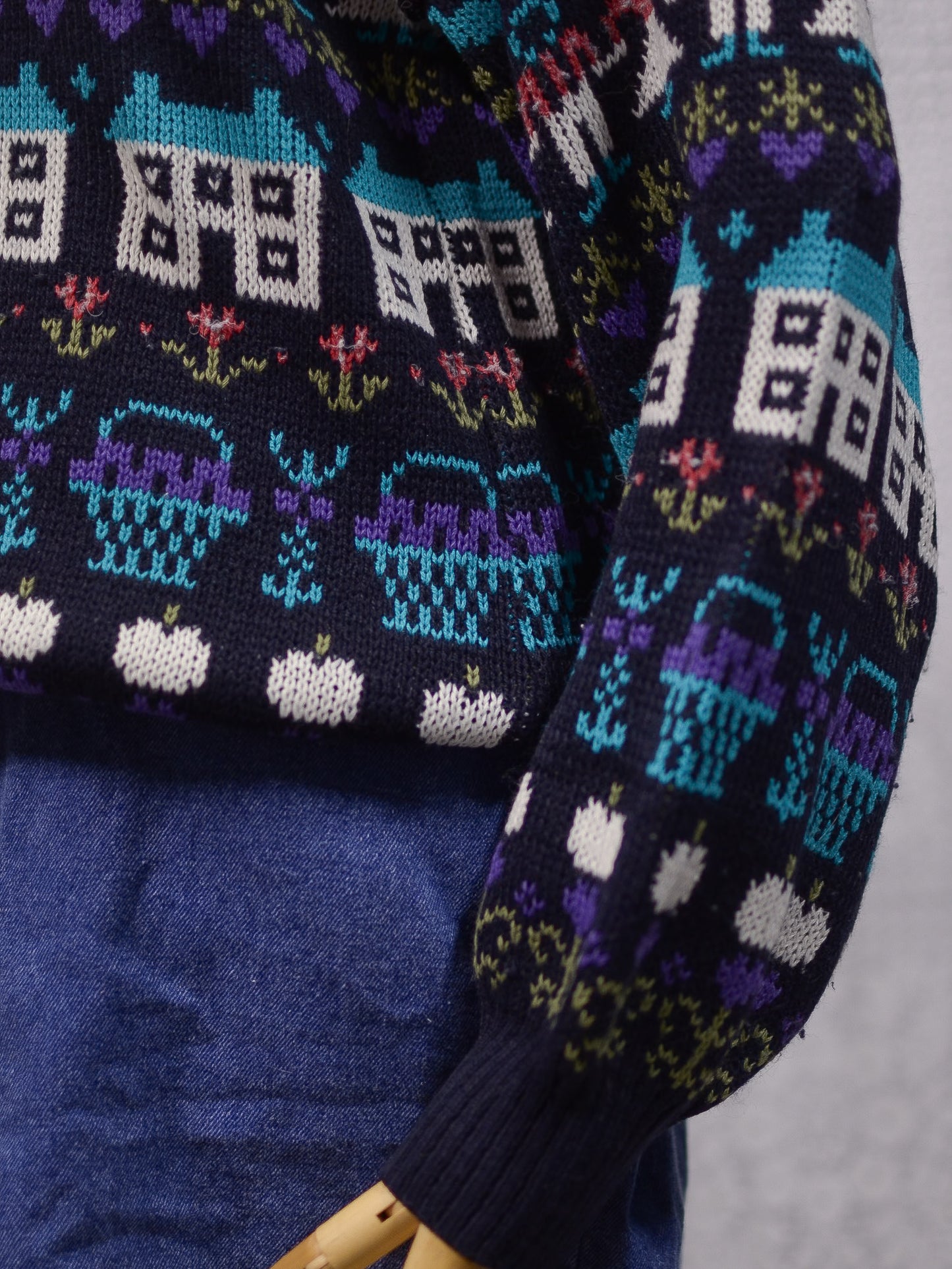 1980s navy blue, purple and blue novelty folk pattern jumper
