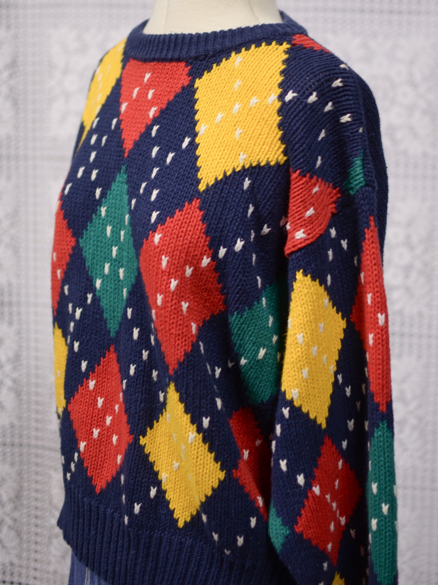 1990s Liz Claiborne navy blue, red, yellow and green argylle cotton jumper