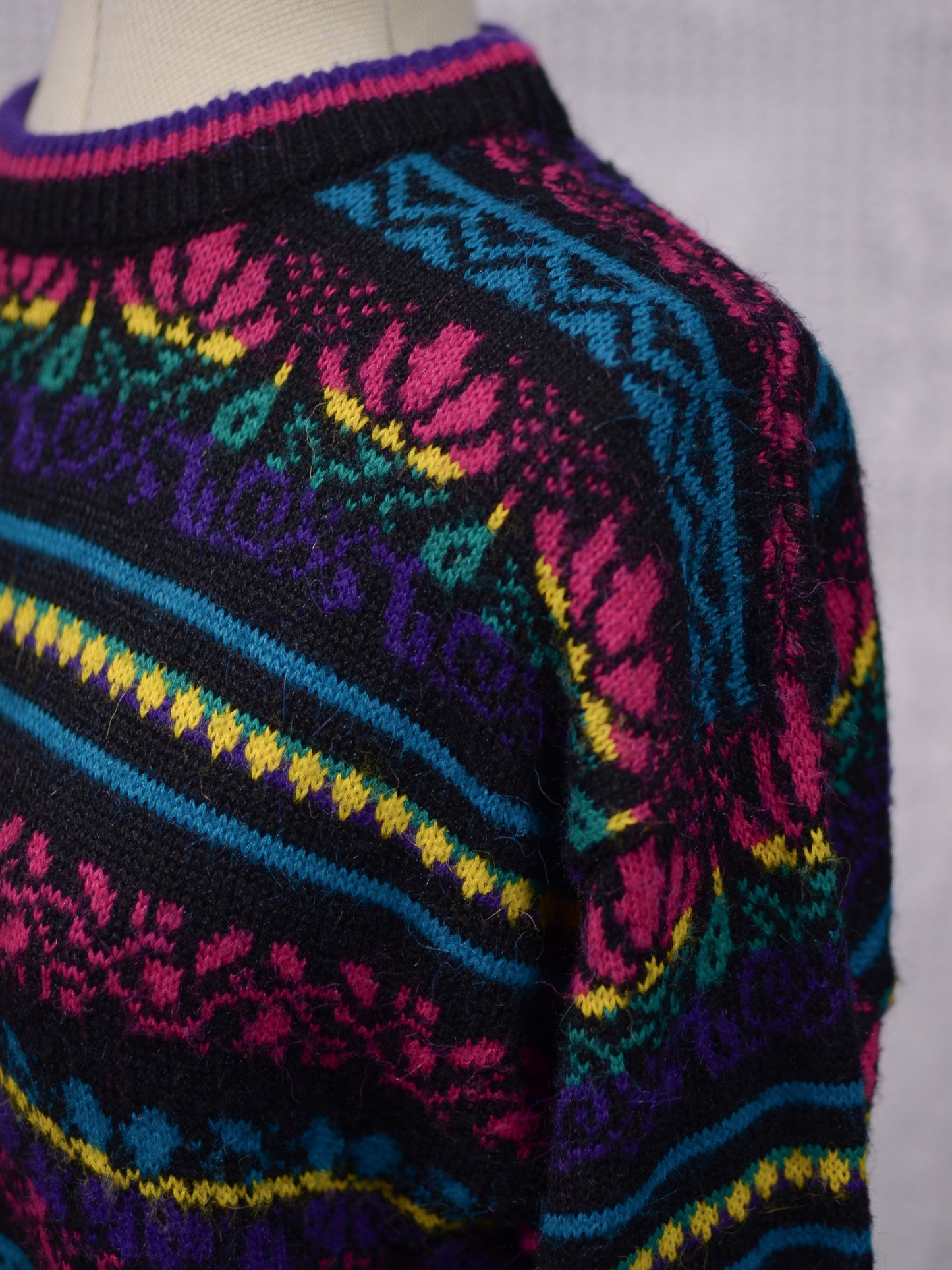 1980s C&A black, pink, yellow, purple and blue colourful floral stripe jumper