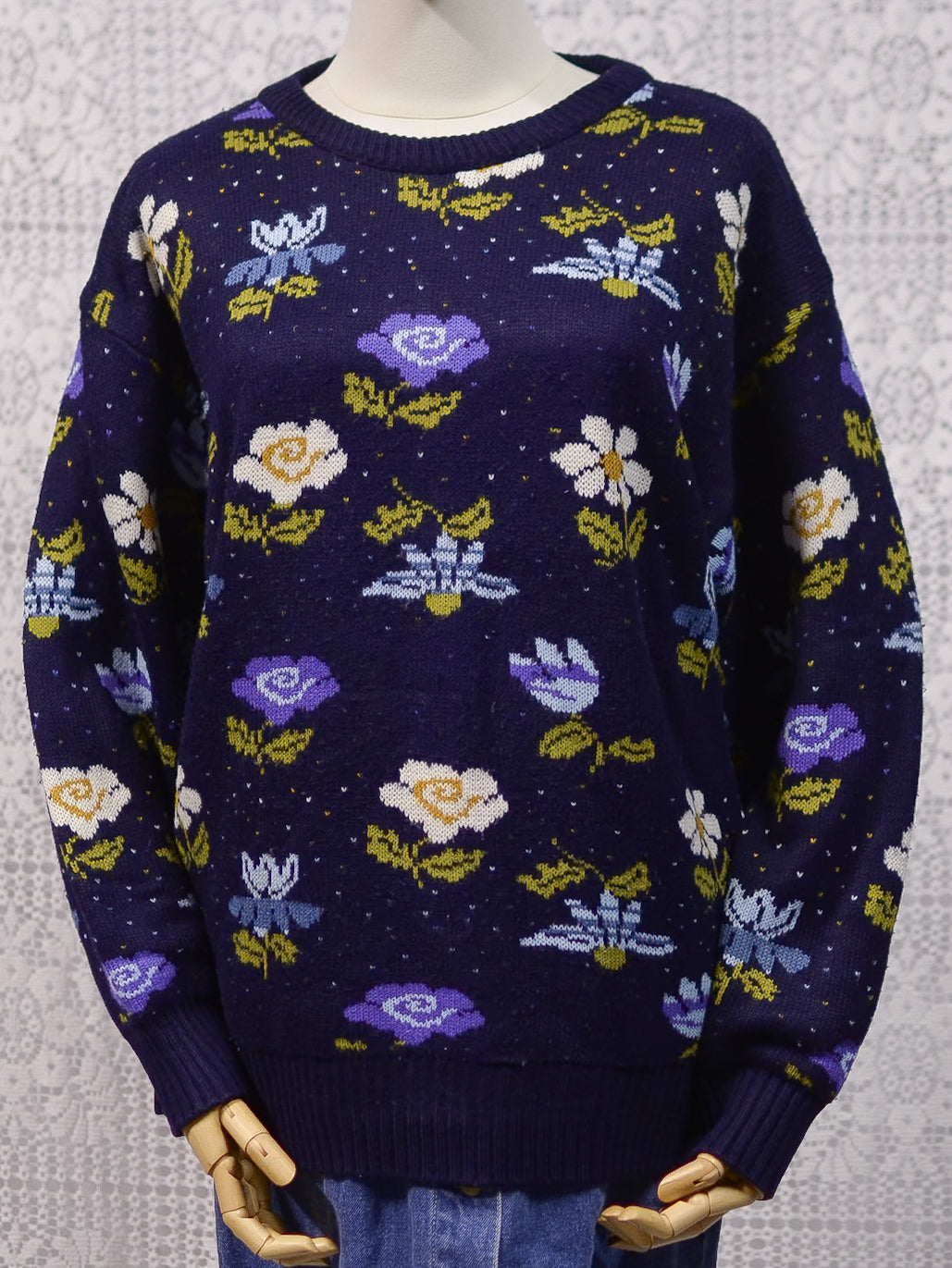 1980s navy blue, purple and white floral pattern jumper