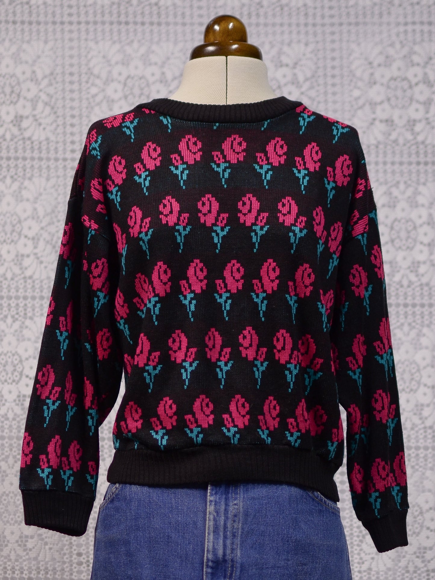 1980s black, hot pink and green rose print 3/4 length sleeve jumper