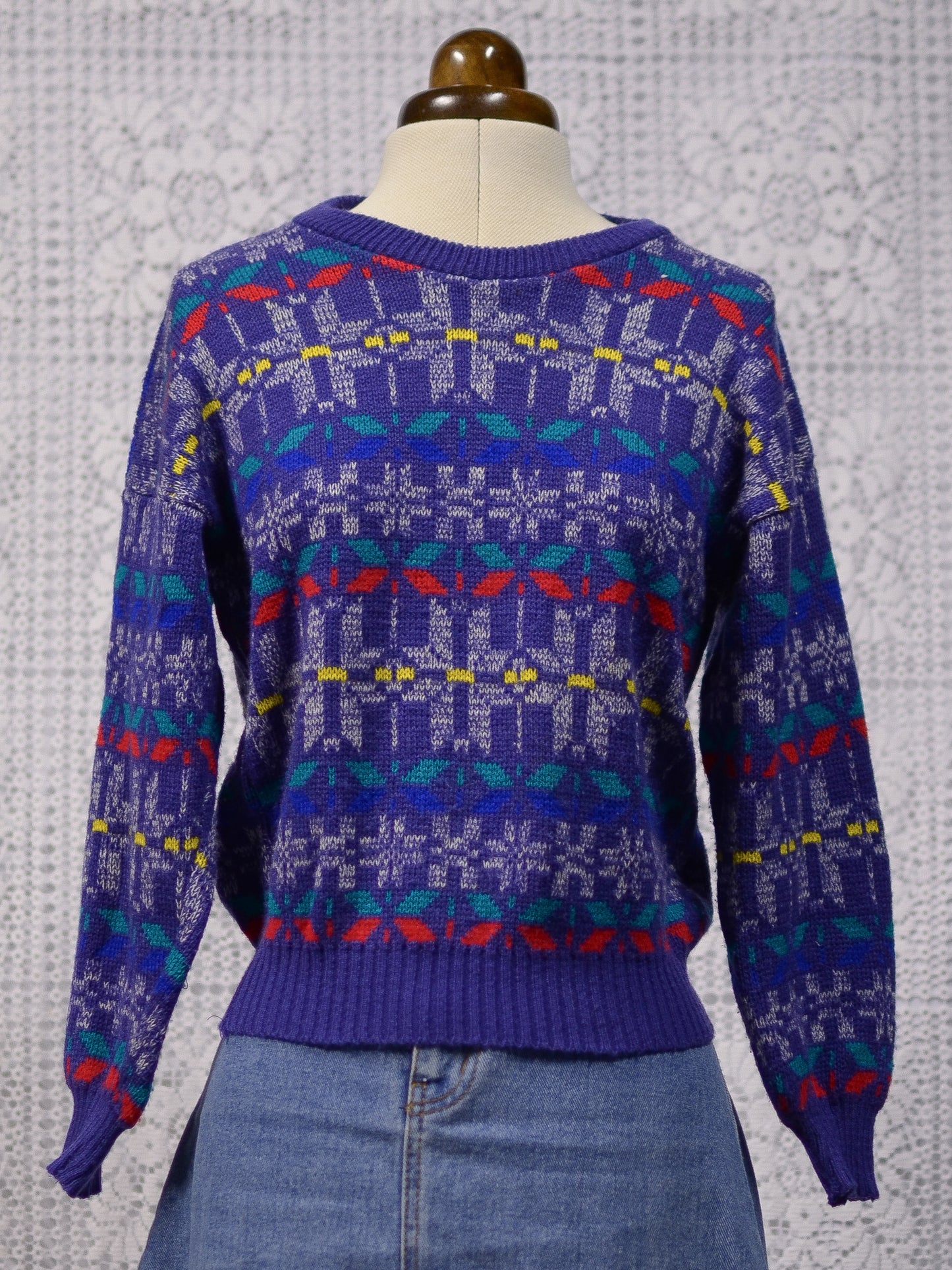 1990s blue, yellow and red snowflake pattern nordic jumper kids or small ladies
