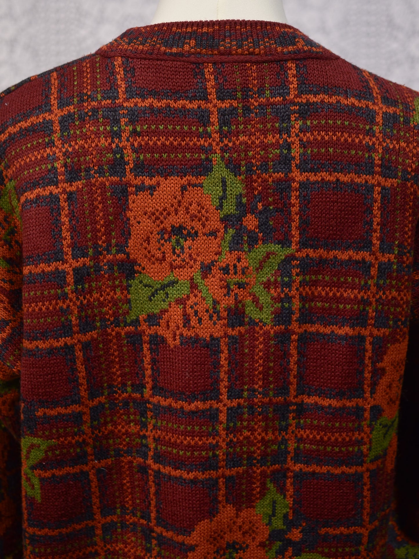 1990s dark red, orange and green tartan and floral print long jumper dress