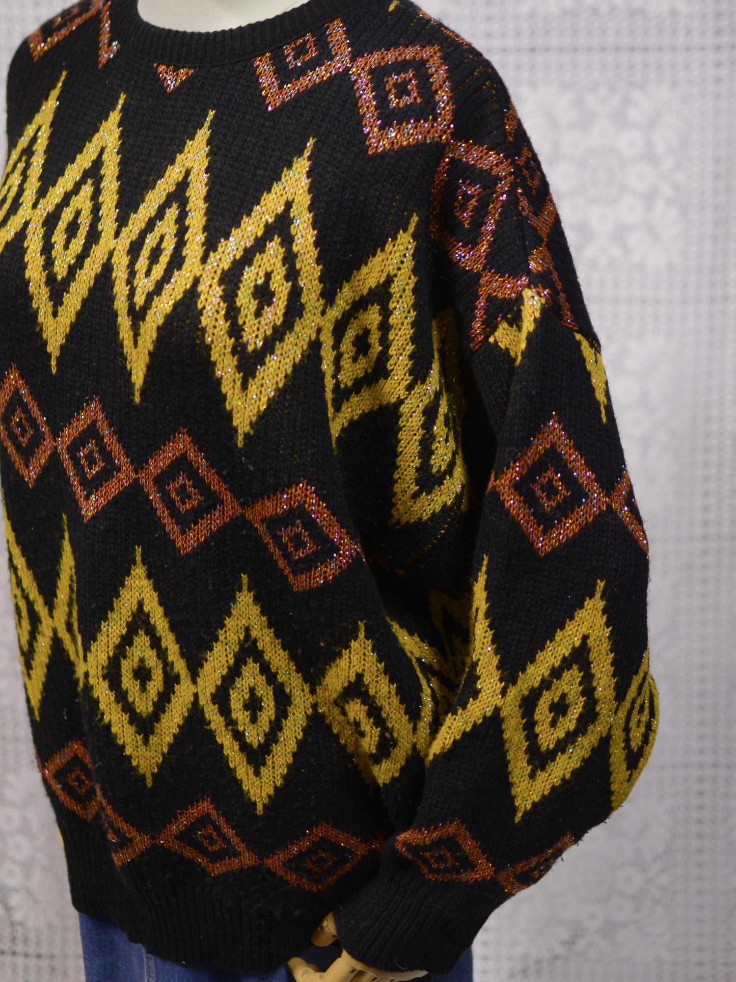 1980s black, yellow and brown sparkly geometric pattern jumper