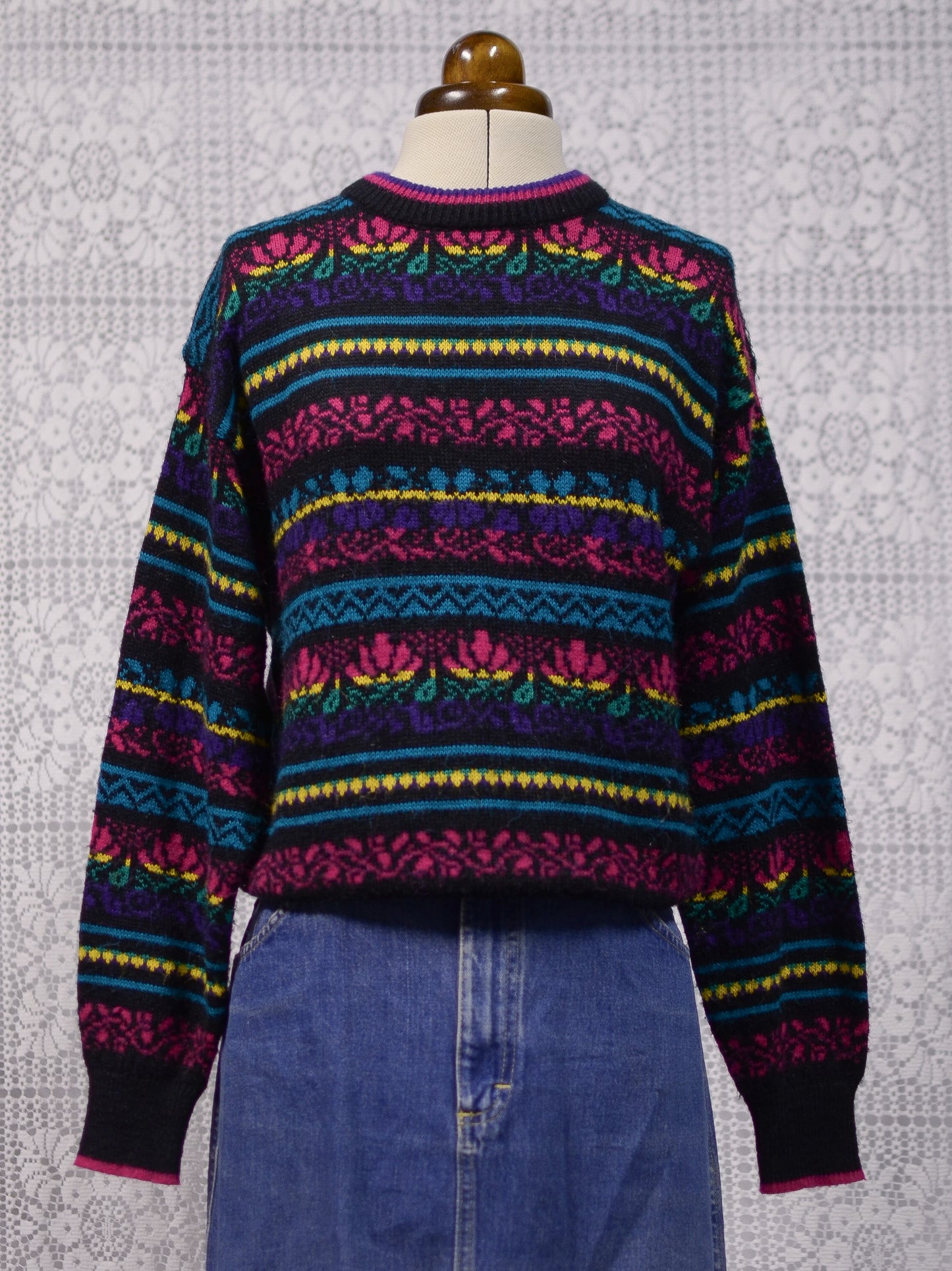 1980s C&A black, pink, yellow, purple and blue colourful floral stripe jumper