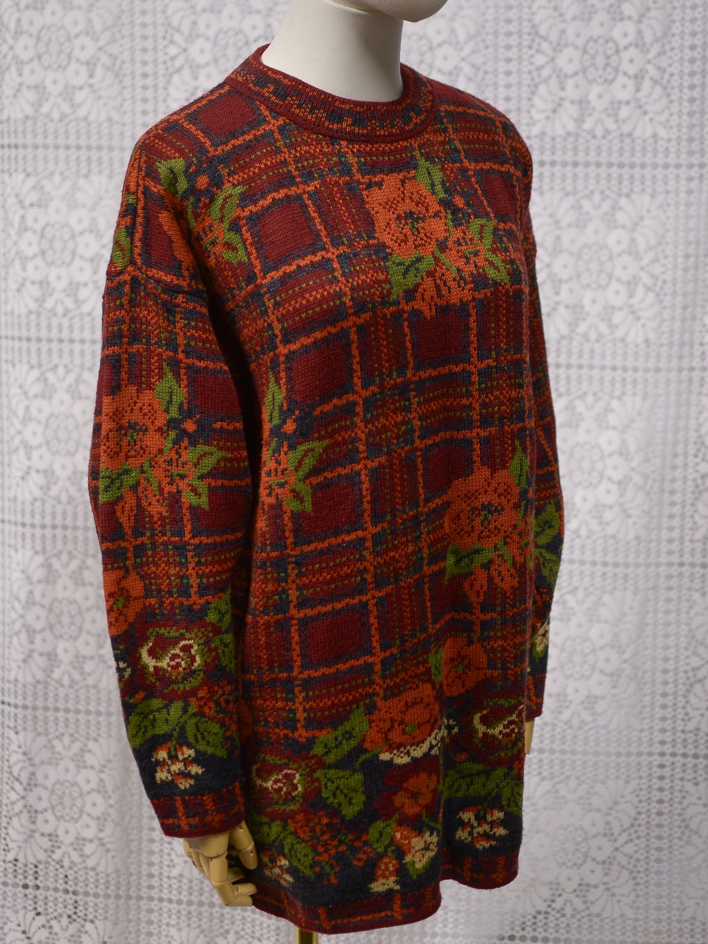 1990s dark red, orange and green tartan and floral print long jumper dress