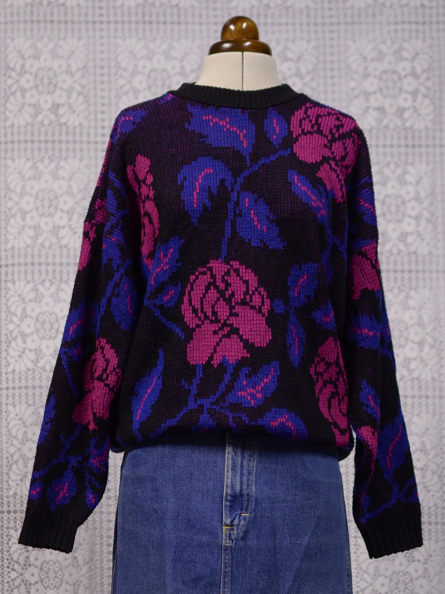 1980s black, purple and pink rose floral print batwing jumper