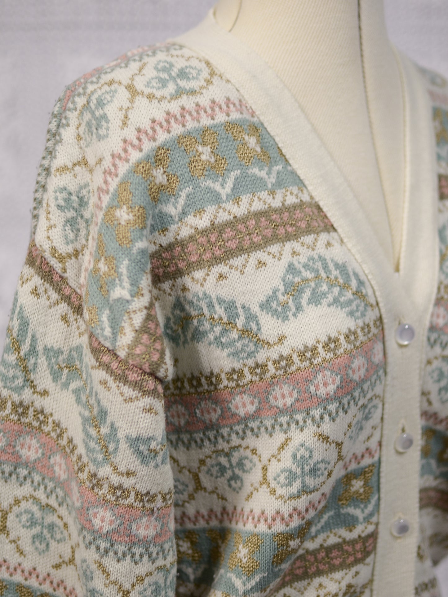 1980s cream, brown, pink and turquoise floral and feather pattern striped v-neck cardigan