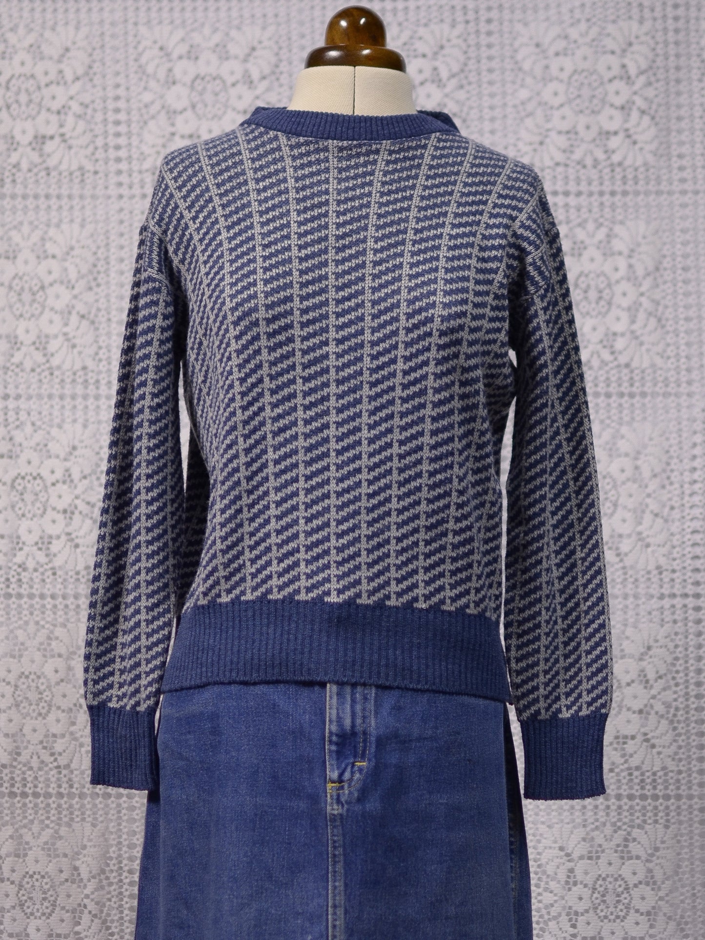 1970s blue and grey diagonal stripe jumper