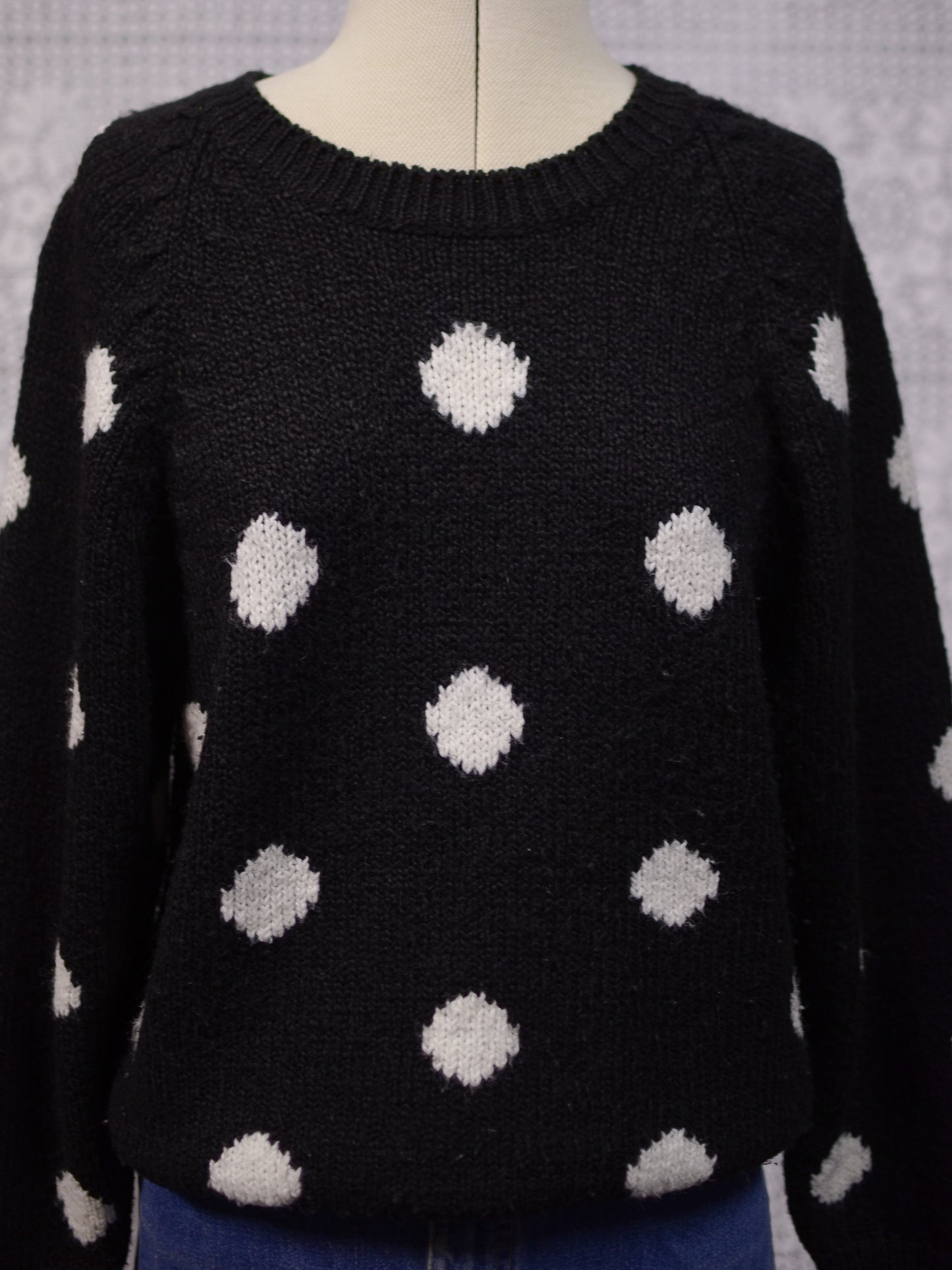 1990s Littlewoods black and white polkadot soft slouchy raglan jumper