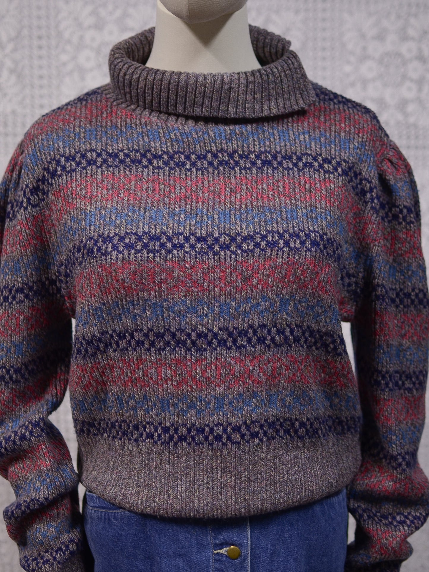 1970s heather grey, pink and purple striped roll neck jumper
