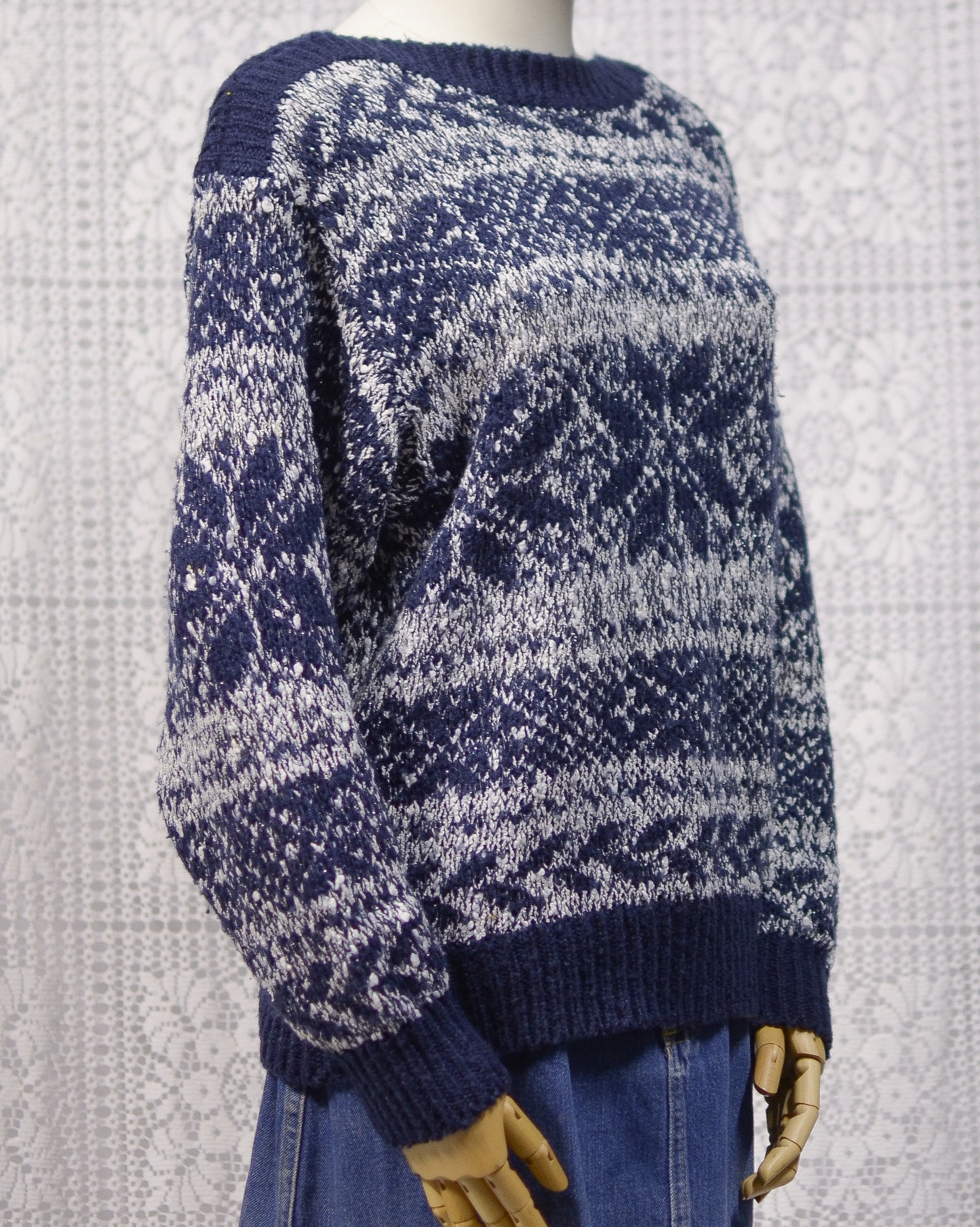 1980s C&A navy blue, white and silver snowflake festive jumper