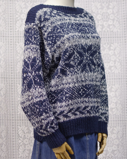1980s C&A navy blue, white and silver snowflake festive jumper
