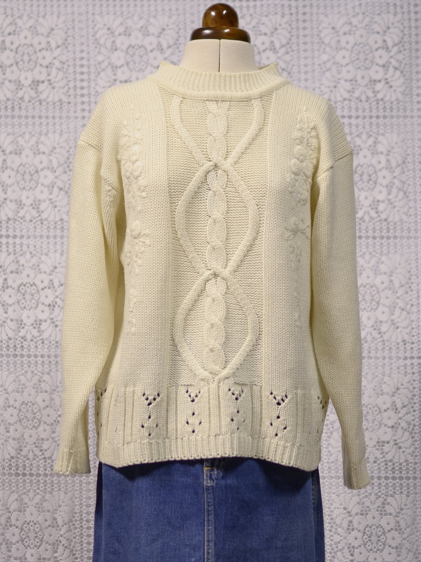 1990s cream cable knit embroidered jumper