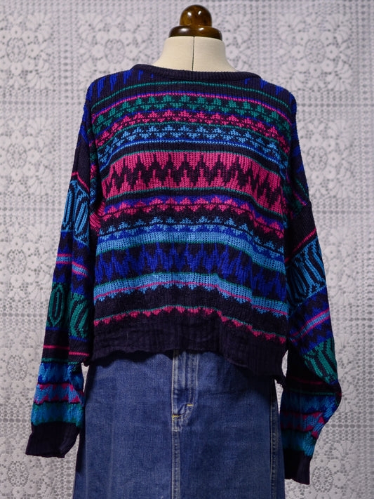 1990s C&A blue, pink and green slouchy zigzag pattern cropped jumper