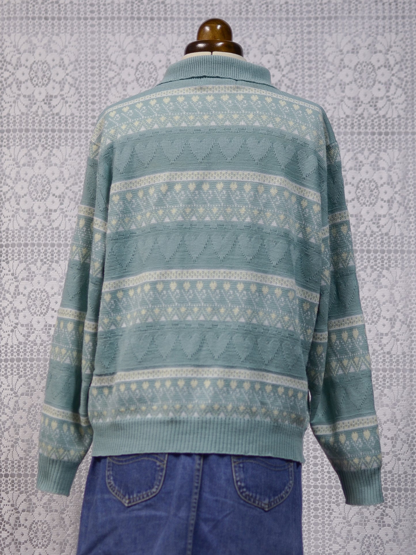 1990s mint green heart stripe patterned collared jumper