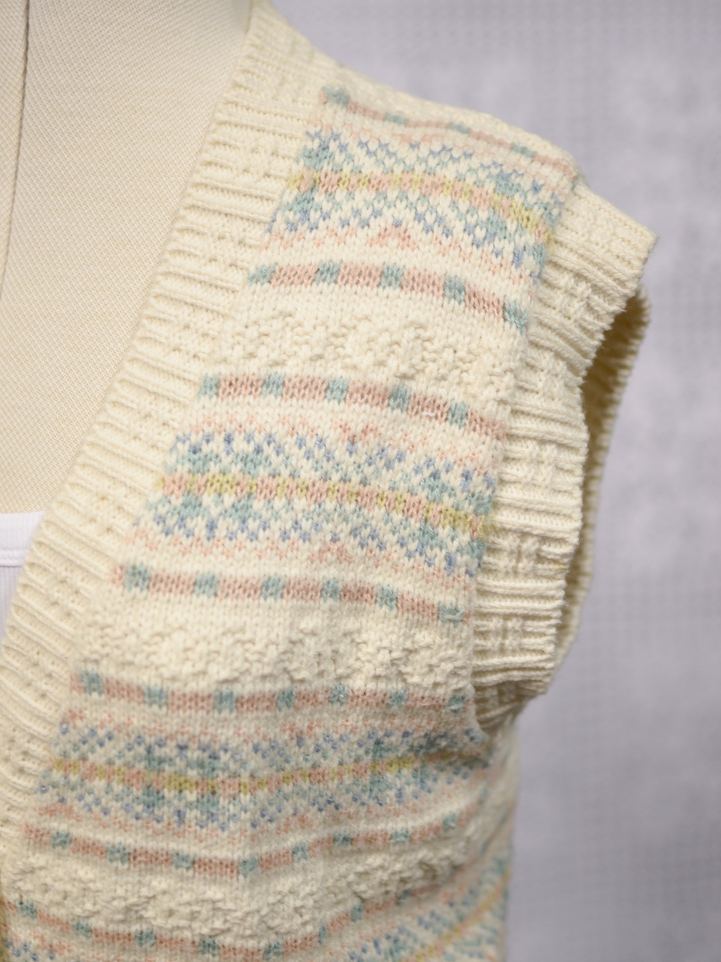 1990s BHS cream, pink and blue nordic fairisle style pattern knitted waistcoat