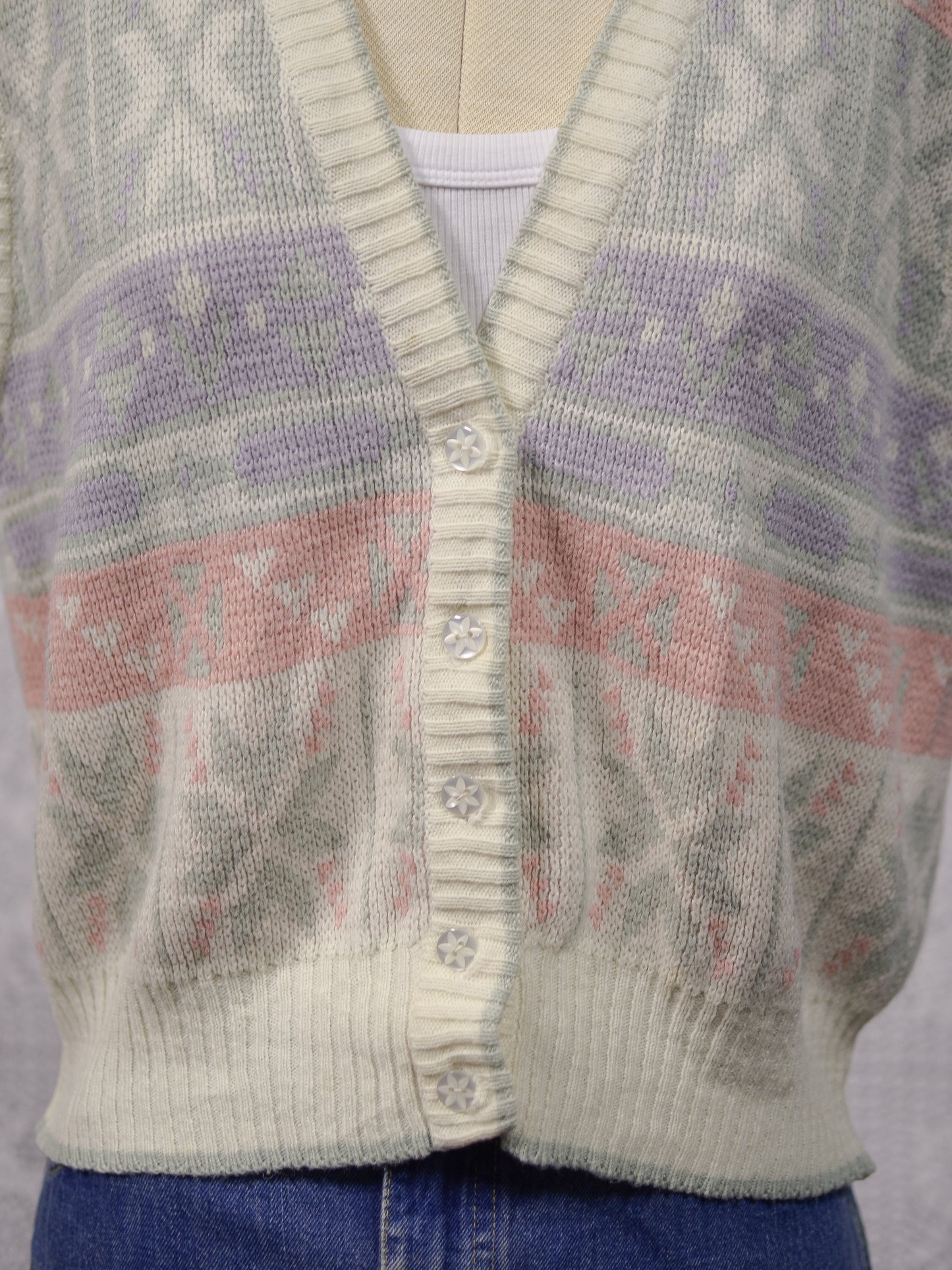 1980s white, pink, pastel blue and green snowflake festive knitted waistcoat