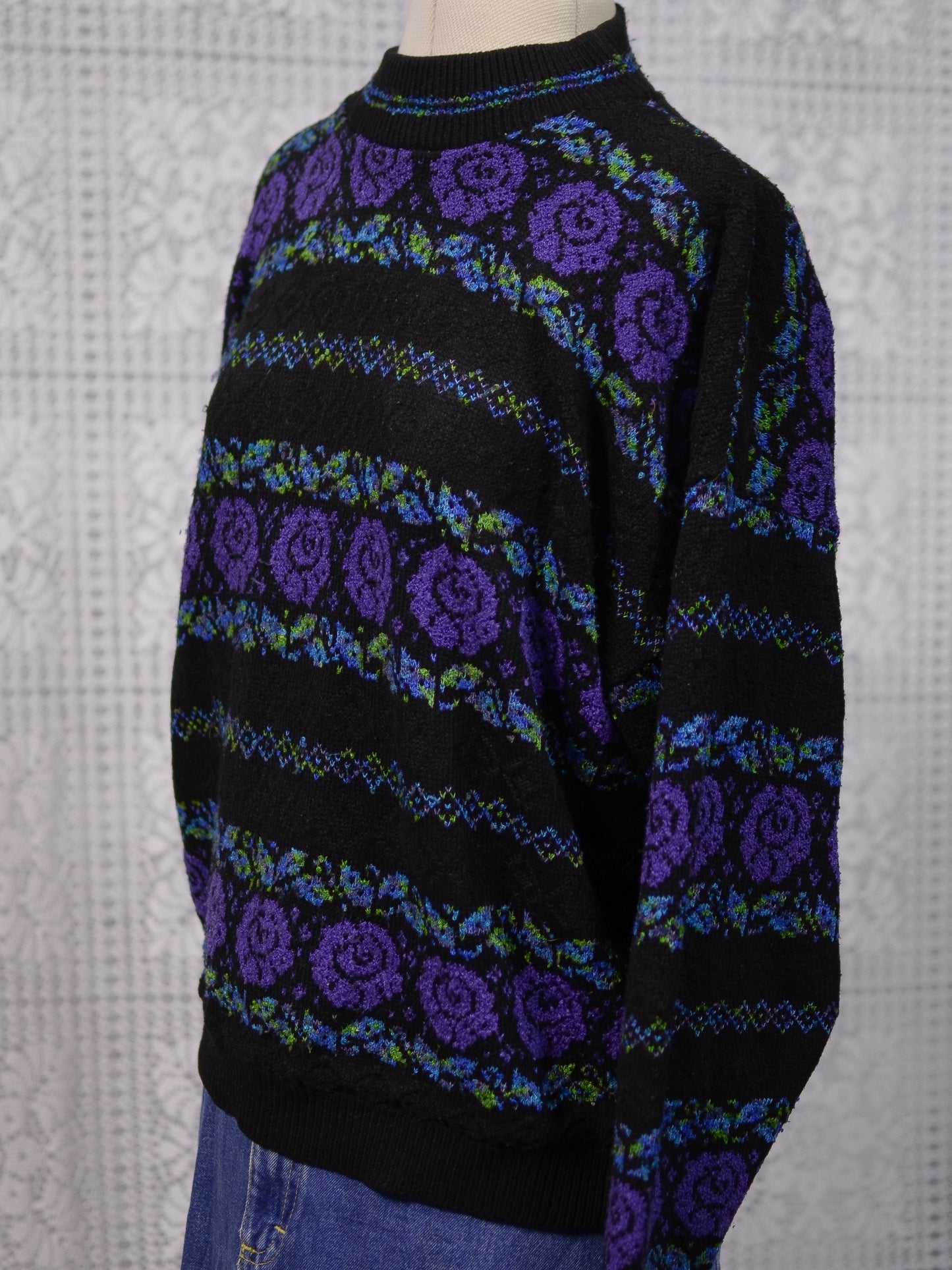 1980s black, purple and green rose floral and leaf pattern striped jumper