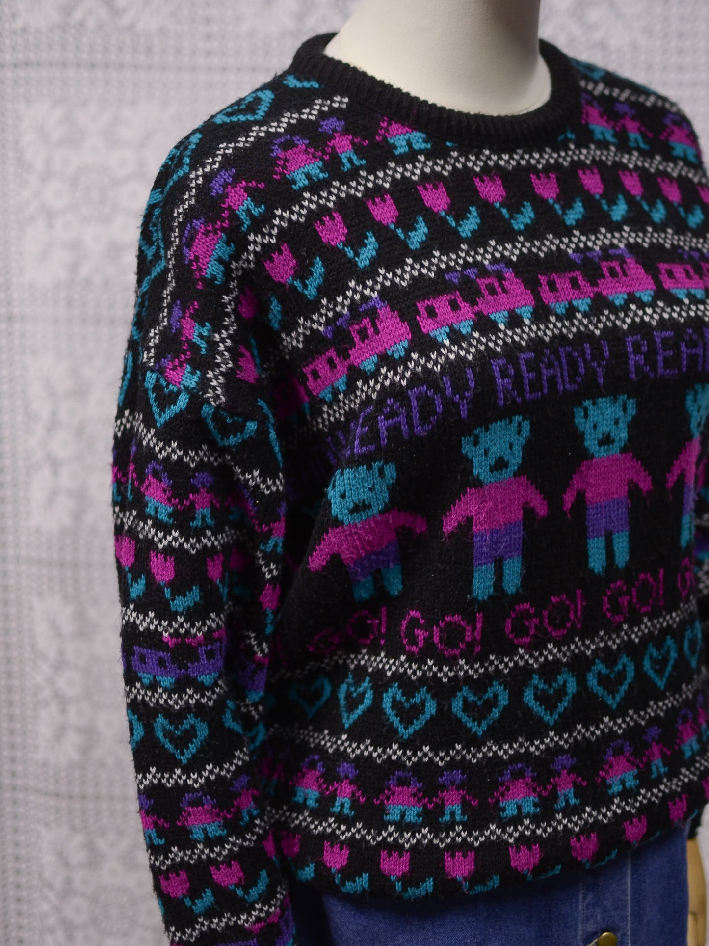 1980s black, pink and purple teddy bear novelty jumper