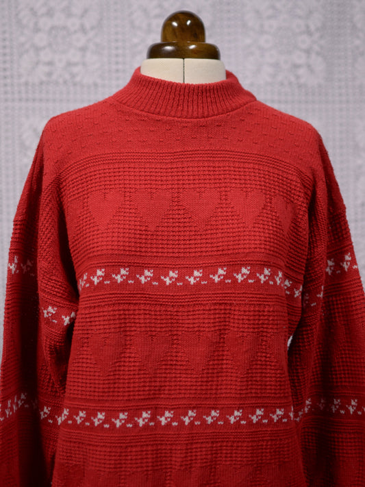 1980s red and white heart print high neck jumper