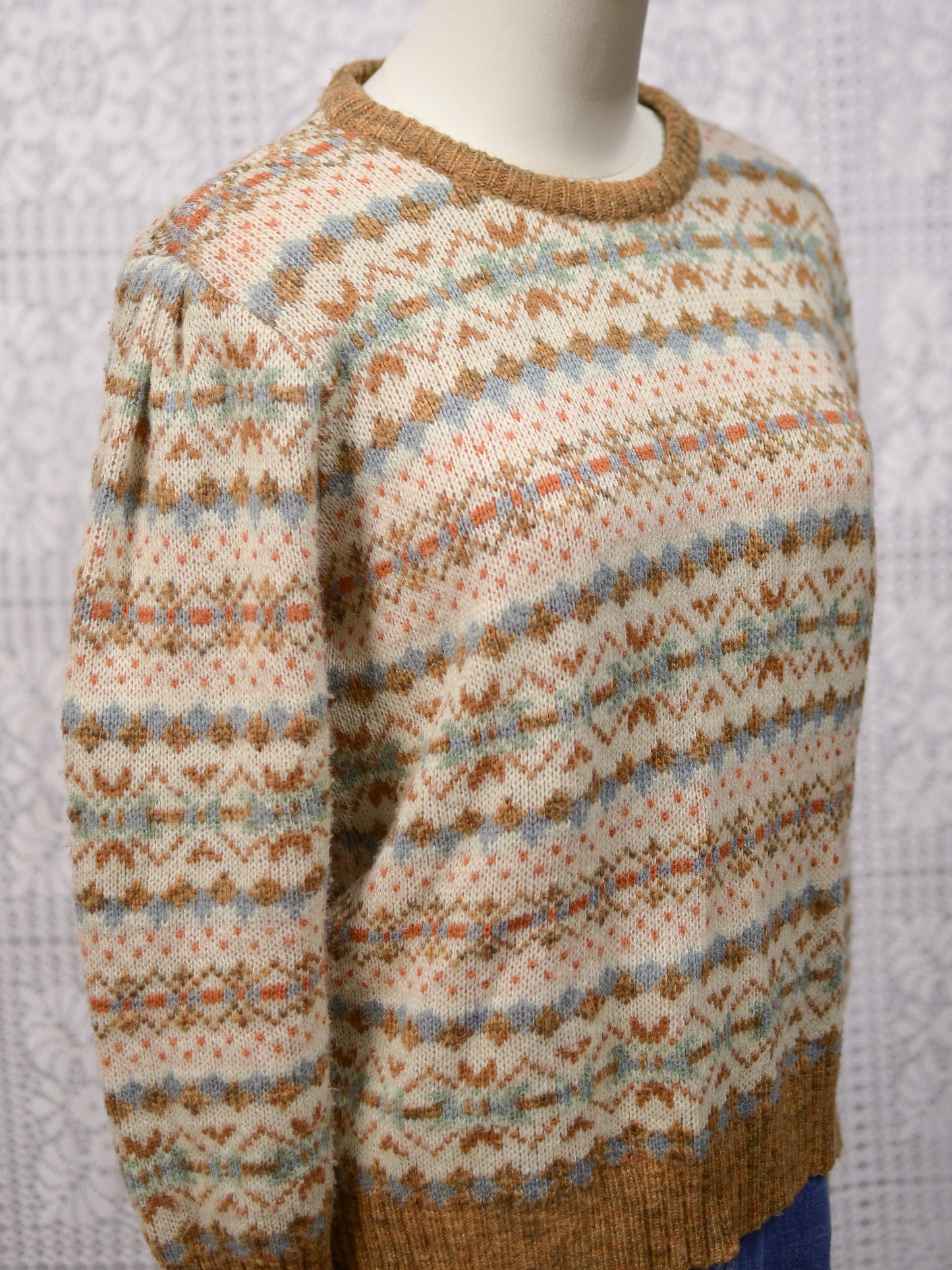 1980s BHS brown, cream and blue snowflake nordic stripe patterned jumper