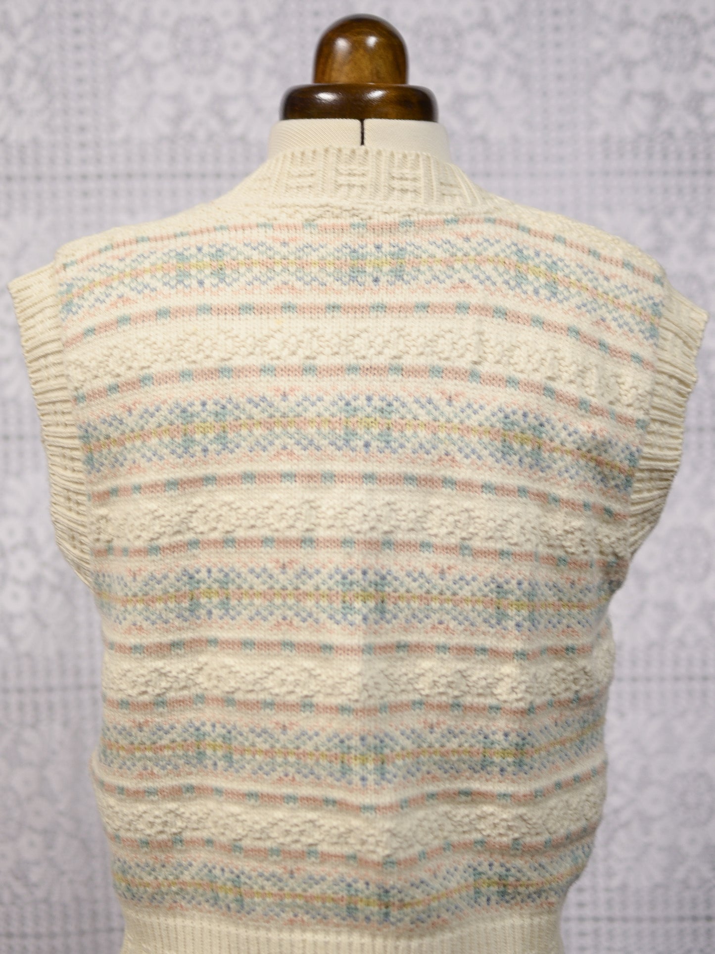 1990s BHS cream, pink and blue nordic fairisle style pattern knitted waistcoat