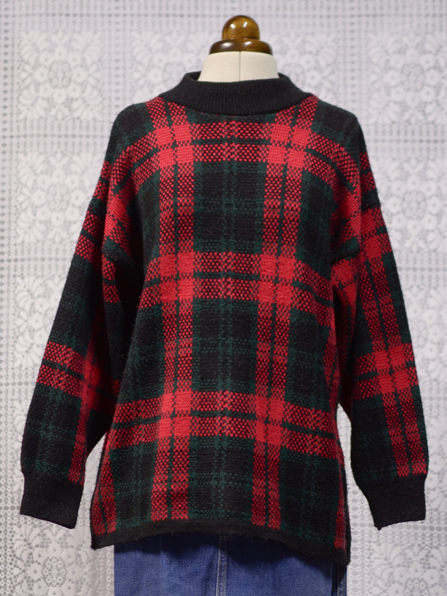 1980s C&A red, green and black tartan checked jumper