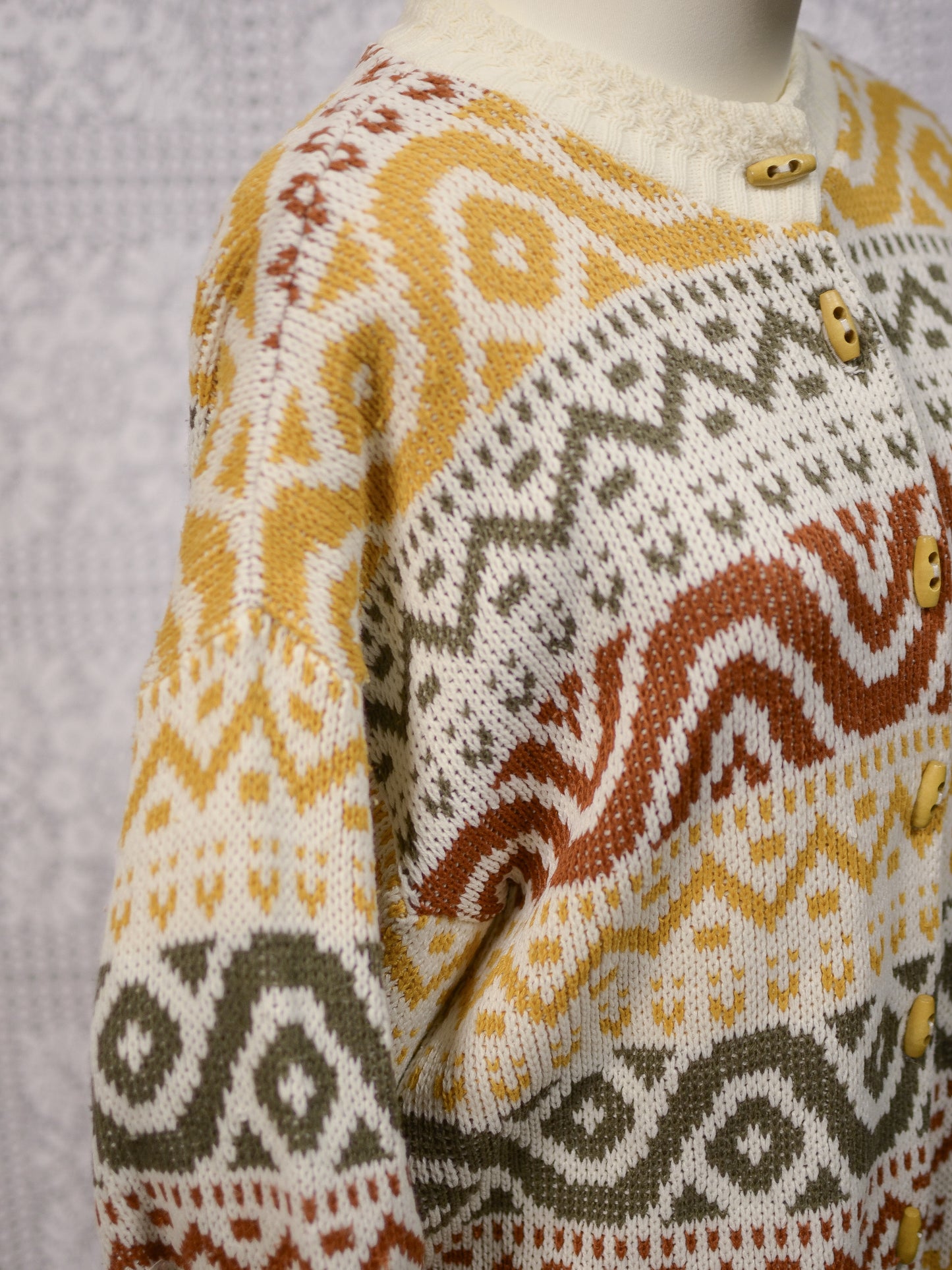 1980s Honeybells brown, green, mustard yellow and cream geometric pattern long cardigan