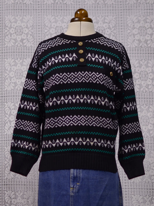 1980s black, white and green striped pattern pocket jumper