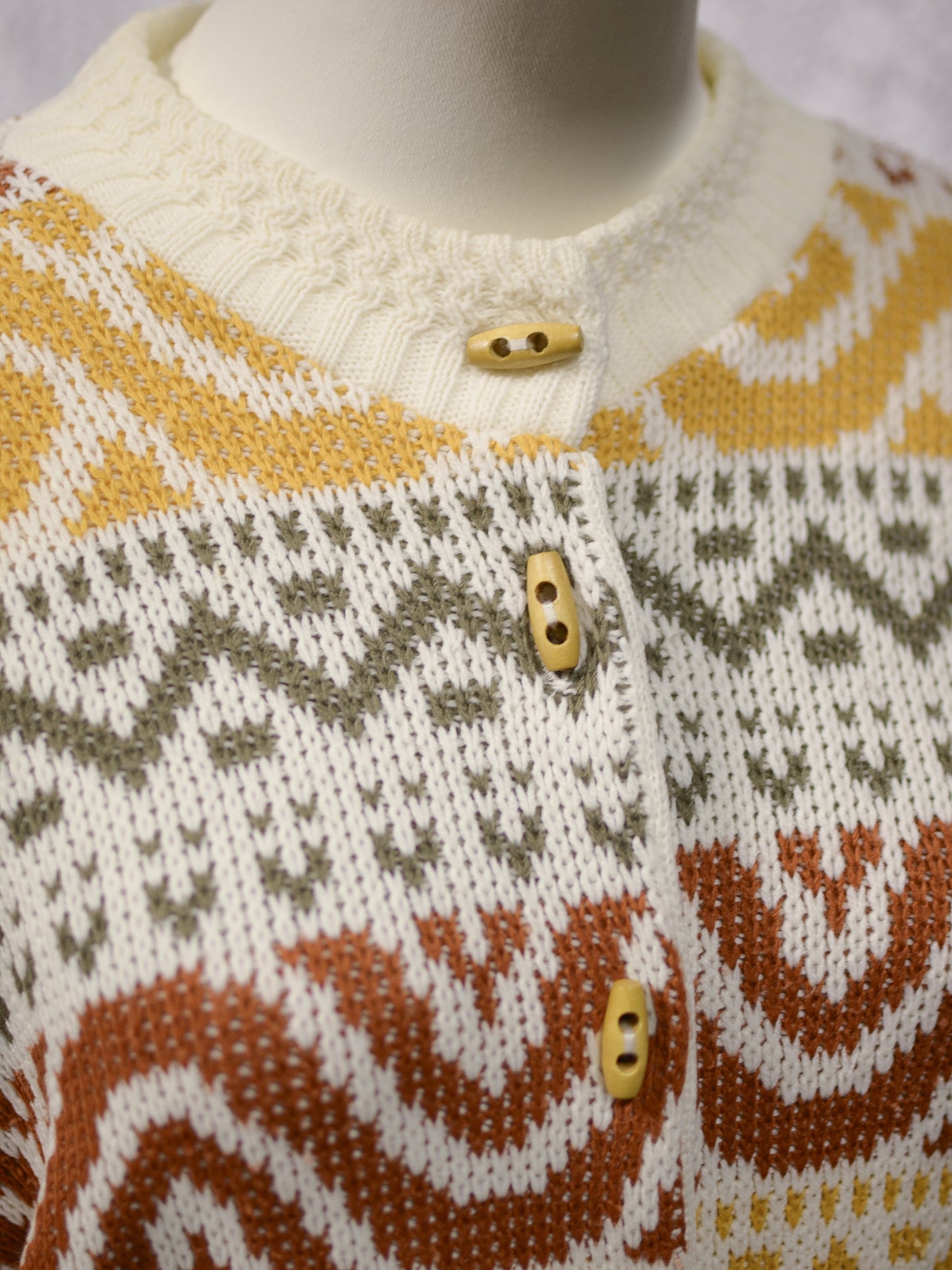 1980s Honeybells brown, green, mustard yellow and cream geometric pattern long cardigan